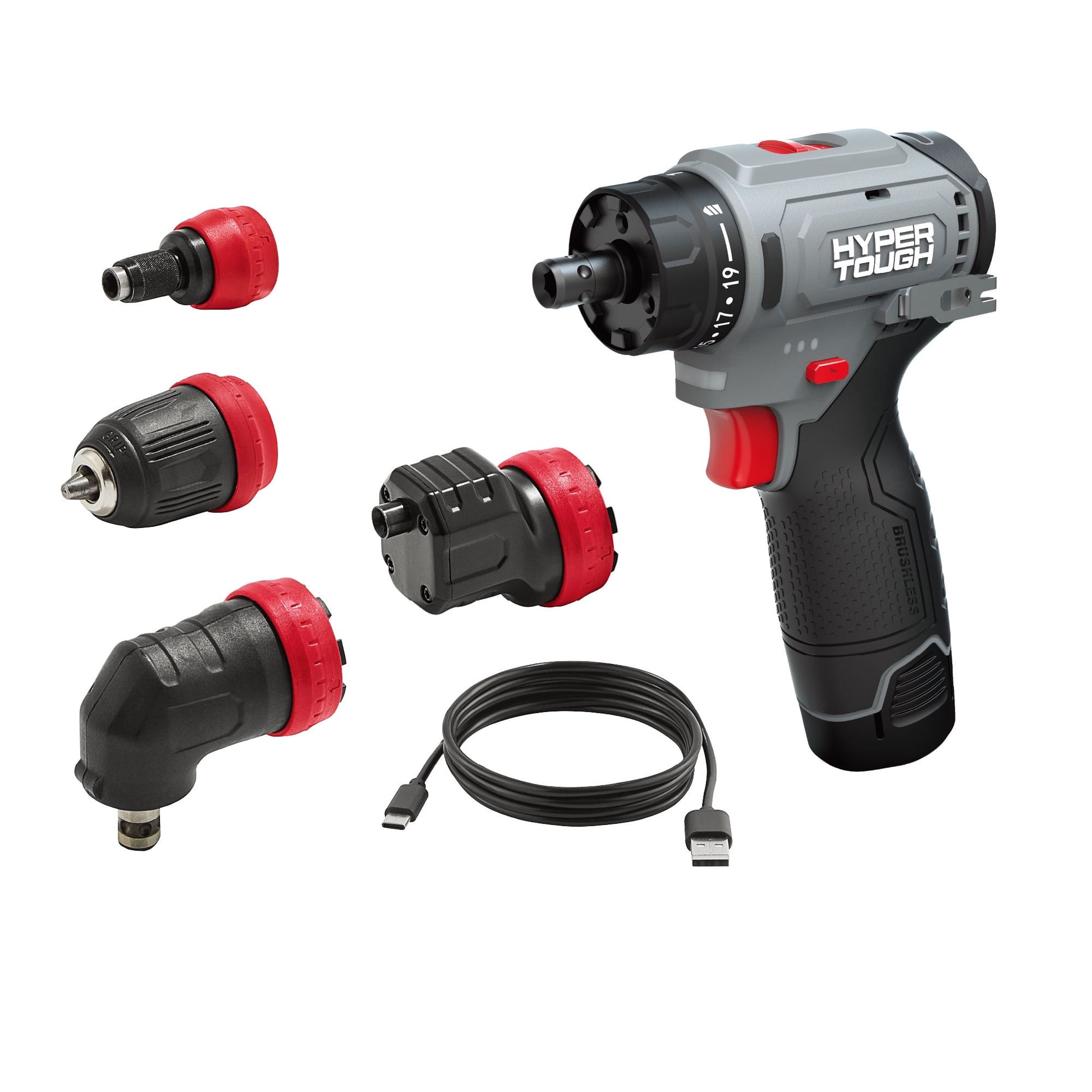 Hyper Tough 12V Max Lithium-Ion 4-in-1 Multi-Head Cordless Power Drill with 2.0Ah Battery and USB-C Charging Cable