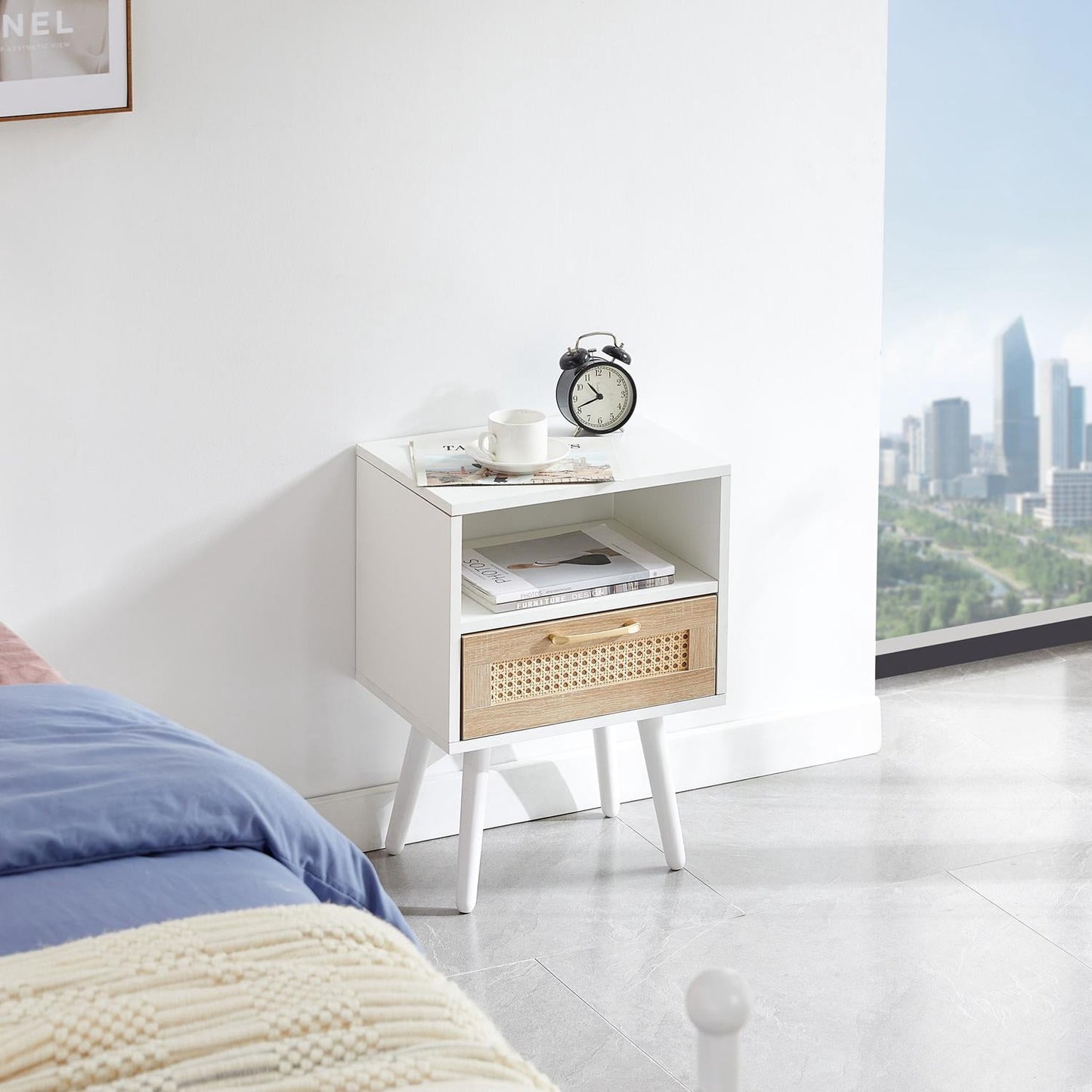 15.75-Inch Rattan End Table with Drawer and Solid Wood Legs, Modern Nightstand Bedside Side Table with Storage Drawer, Rectangle Accent Table for Living Room Bedroom, White