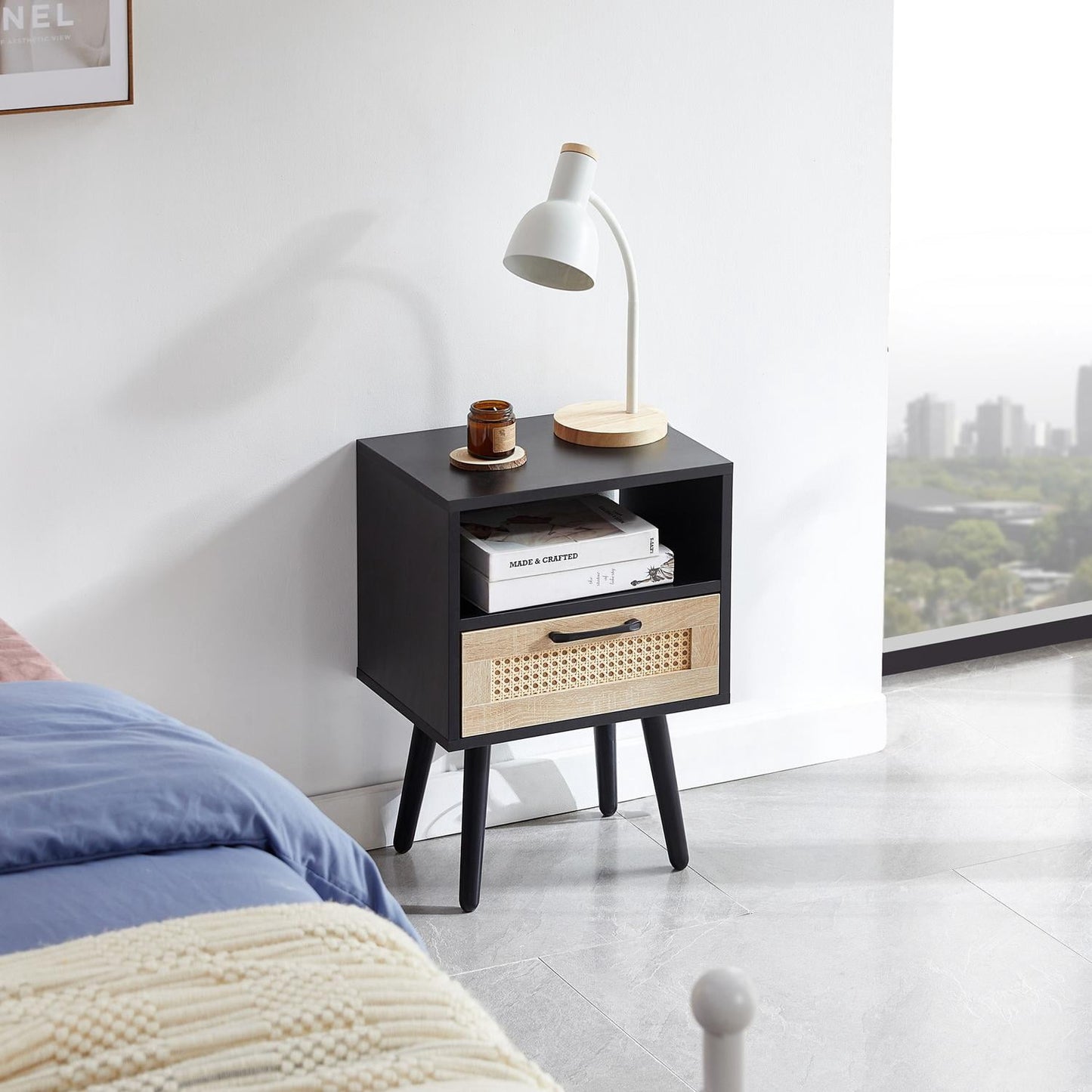 15.75-Inch Rattan End Table with Drawer and Solid Wood Legs, Modern Nightstand Bedside Side Table with Storage, Small Rectangle Accent Table for Living Room Bedroom, Black