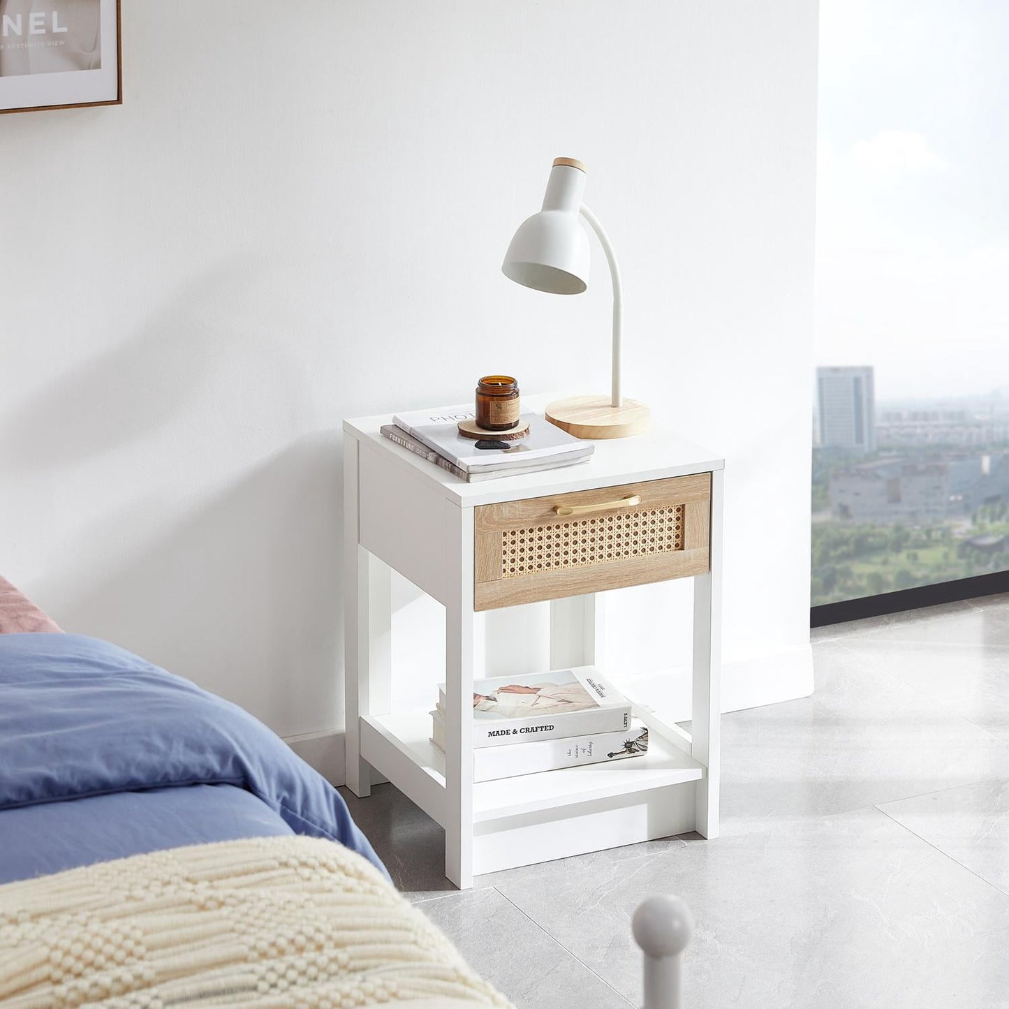 15.75-Inch Rattan End Table with Drawer, Modern Nightstand Bedside Side Table with Storage, Small Accent Table for Living Room Bedroom, White