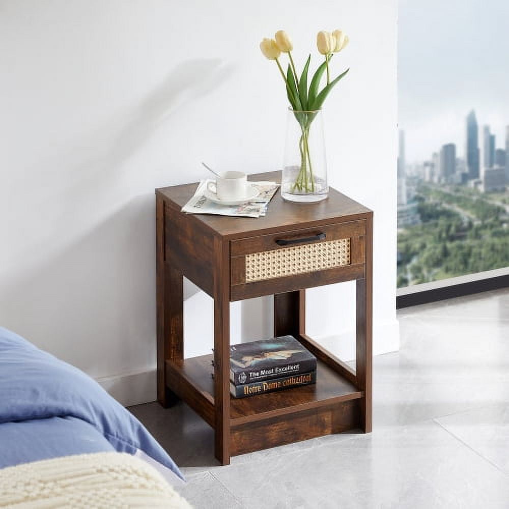 15.75"Rattan Nightstand, Bedside Table with 1 Drawer and 1 Open Shelf, Modern End Side Table for Living Room, Bedroom, Brown