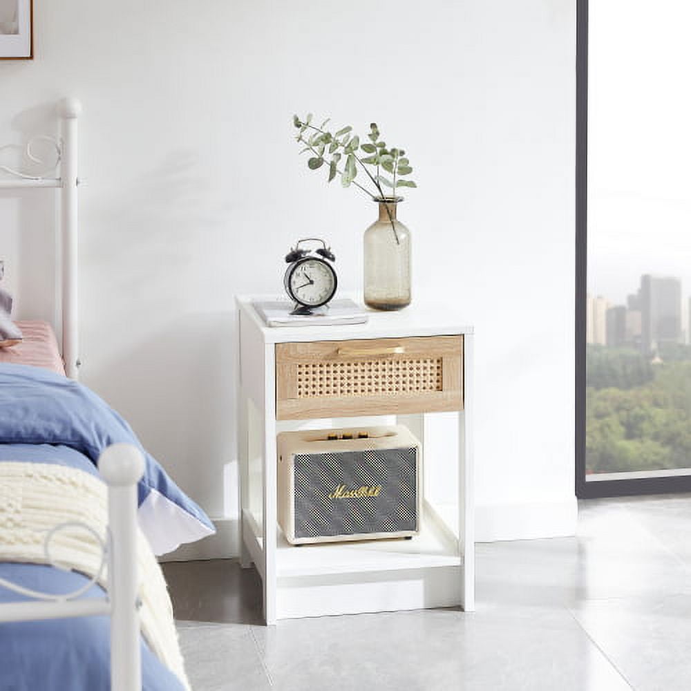 15.75"Rattan Nightstand, Bedside Table with 1 Drawer and 1 Open Shelf, Modern End Side Table for Living Room, Bedroom, White