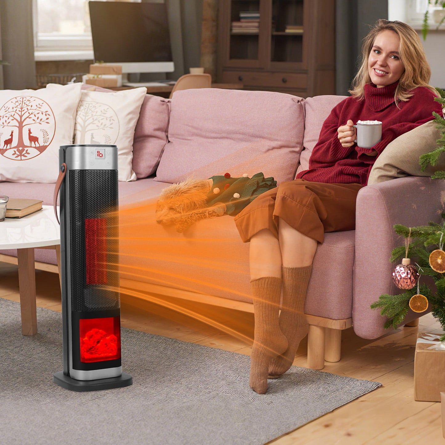 1500W Oscillating Tower Space Heater with 3D Flame, 90Â°Wide-Angle 323 Sq.Ft Heater with 1â„ƒ Precision Thermostat & Remote, Overheat/Tip-Over Protection Portable Heater for Home Bedroom Office