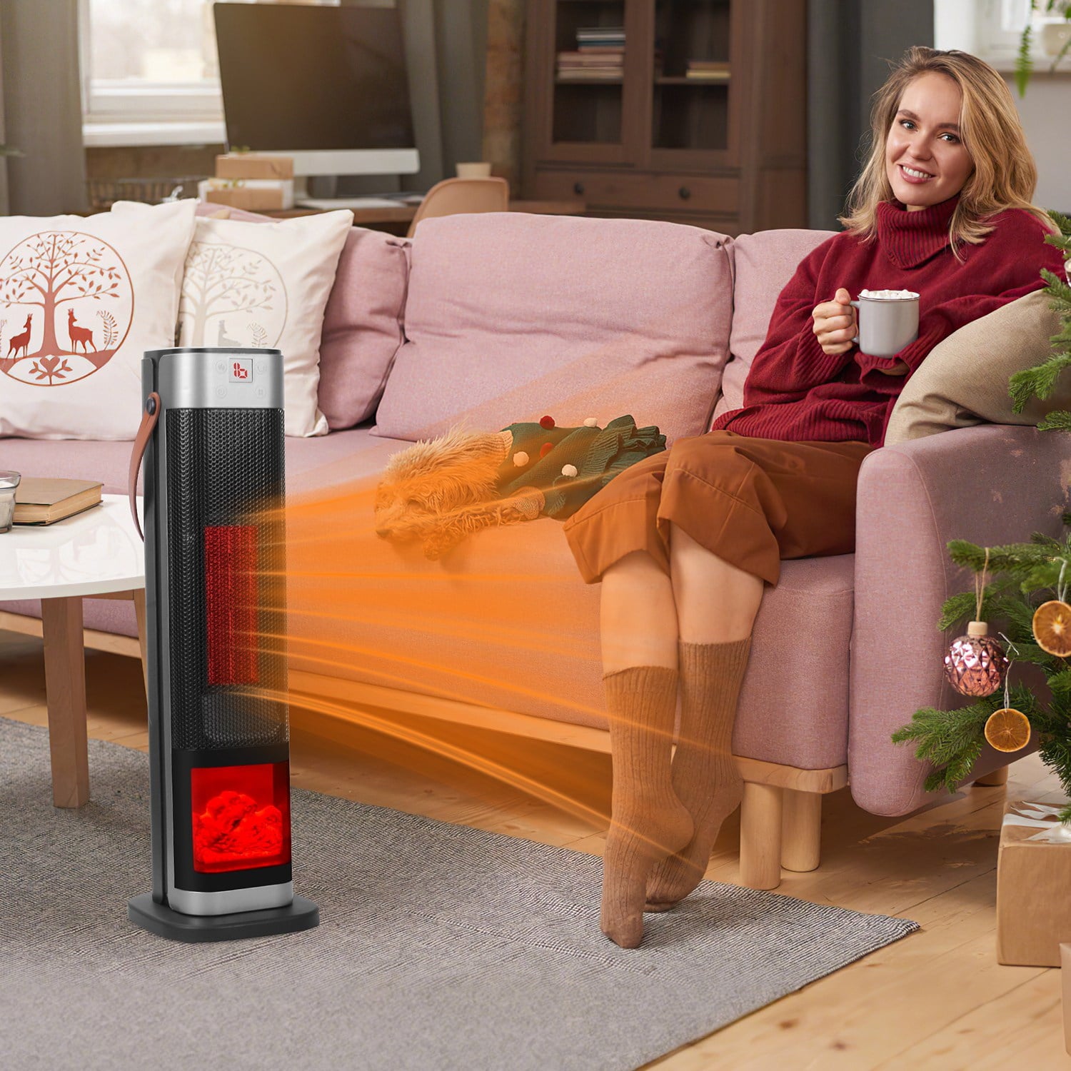 1500W Oscillating Tower Space Heater with 3D Flame, 90Â°Wide-Angle 323 Sq.Ft Heater with 1â„ƒ Precision Thermostat & Remote, Overheat/Tip-Over Protection Portable Heater for Home Bedroom Office