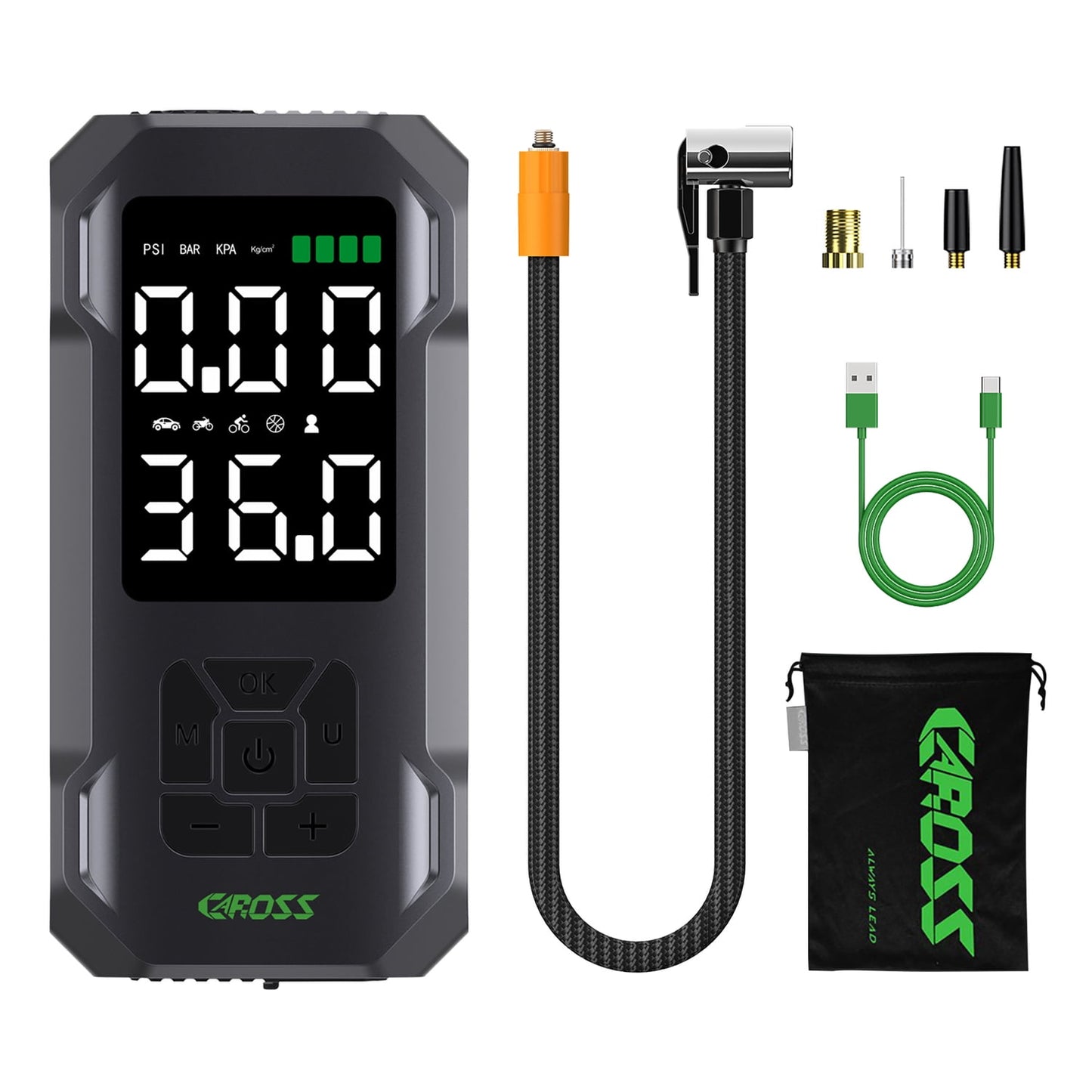 CAROSS Combo 150-PSI Portable Air Compressor and 7,500-mAh Portable Power Bank with Digital Display, LED Light, Adapter Nozzles, and Cloth Bag