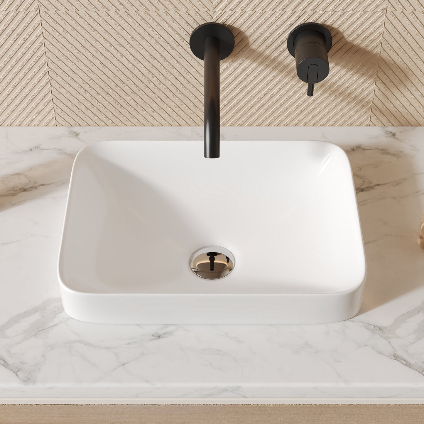 16 in. L x 12 in. W Rectangular Bathroom White Ceramic Semi-Recessed Vessel Sink Art Basin without Overflow