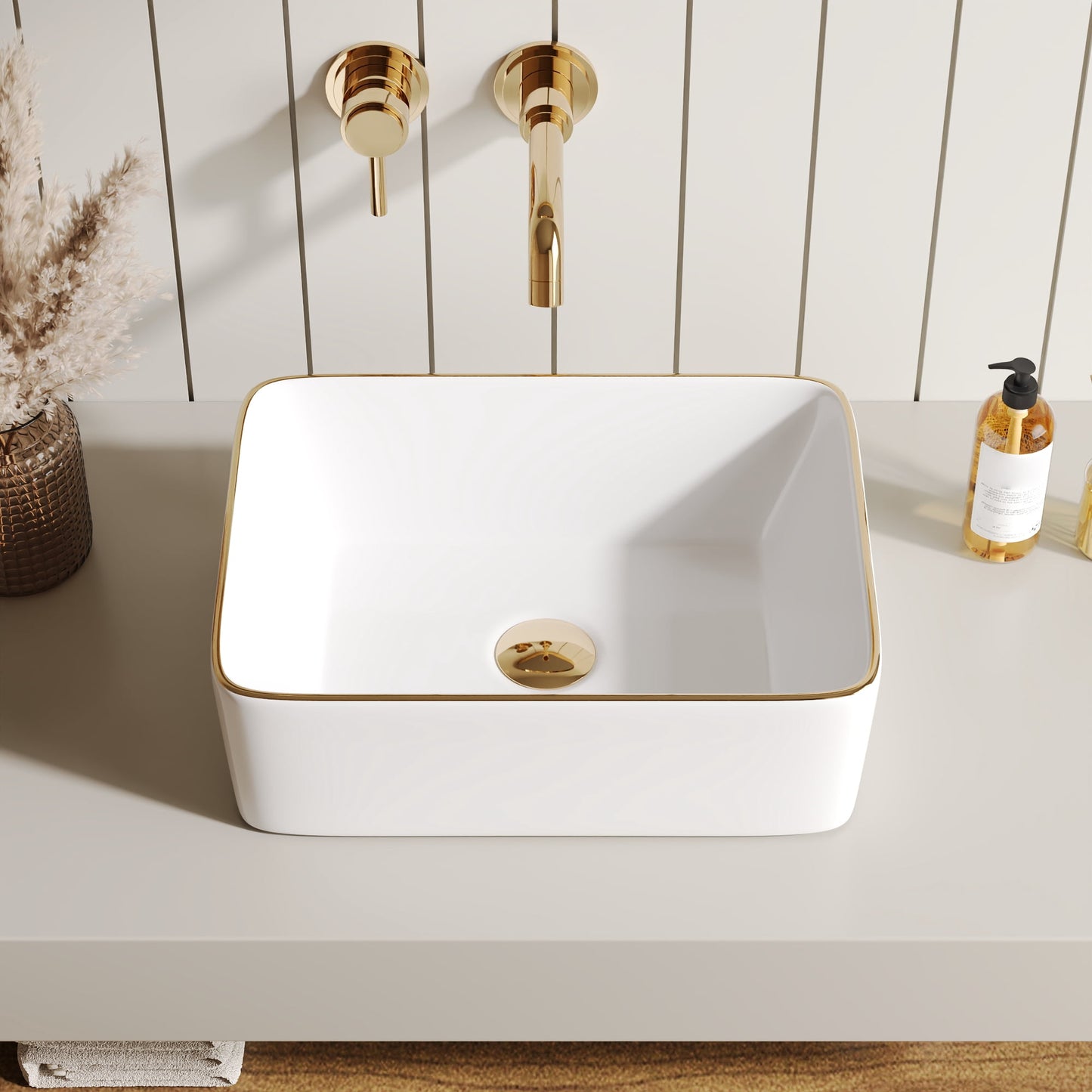 16 in. L x 12 in. W Rectangular White Bathroom Ceramic Vessel Sink with Gold Trim Single Bowl Faucet Not Included  DV-1V0366
