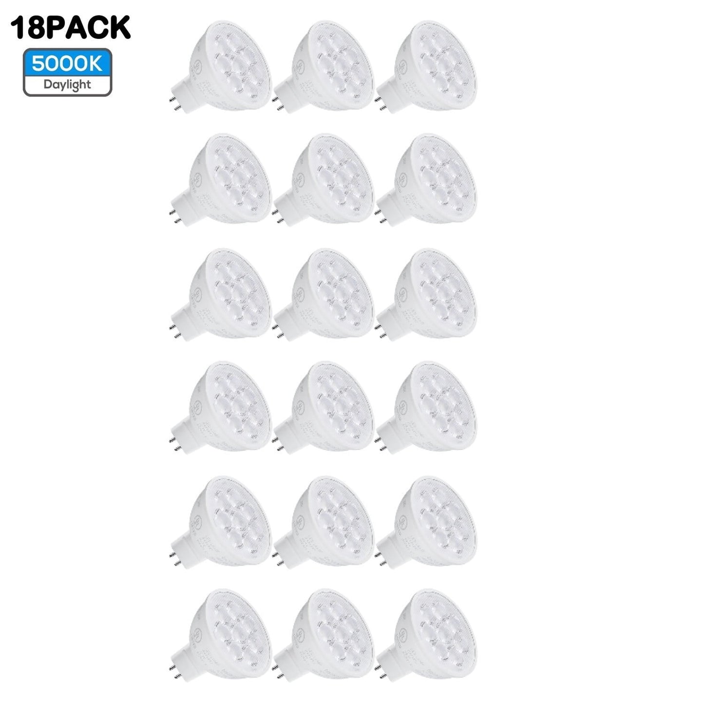 18 Pack MR16 LED Light Bulb, GU5.3 Bi-Pin Base, 50W Halogen Equivalent, 6.5W Spotlight Bulb, 550lm, 5000K Daylight