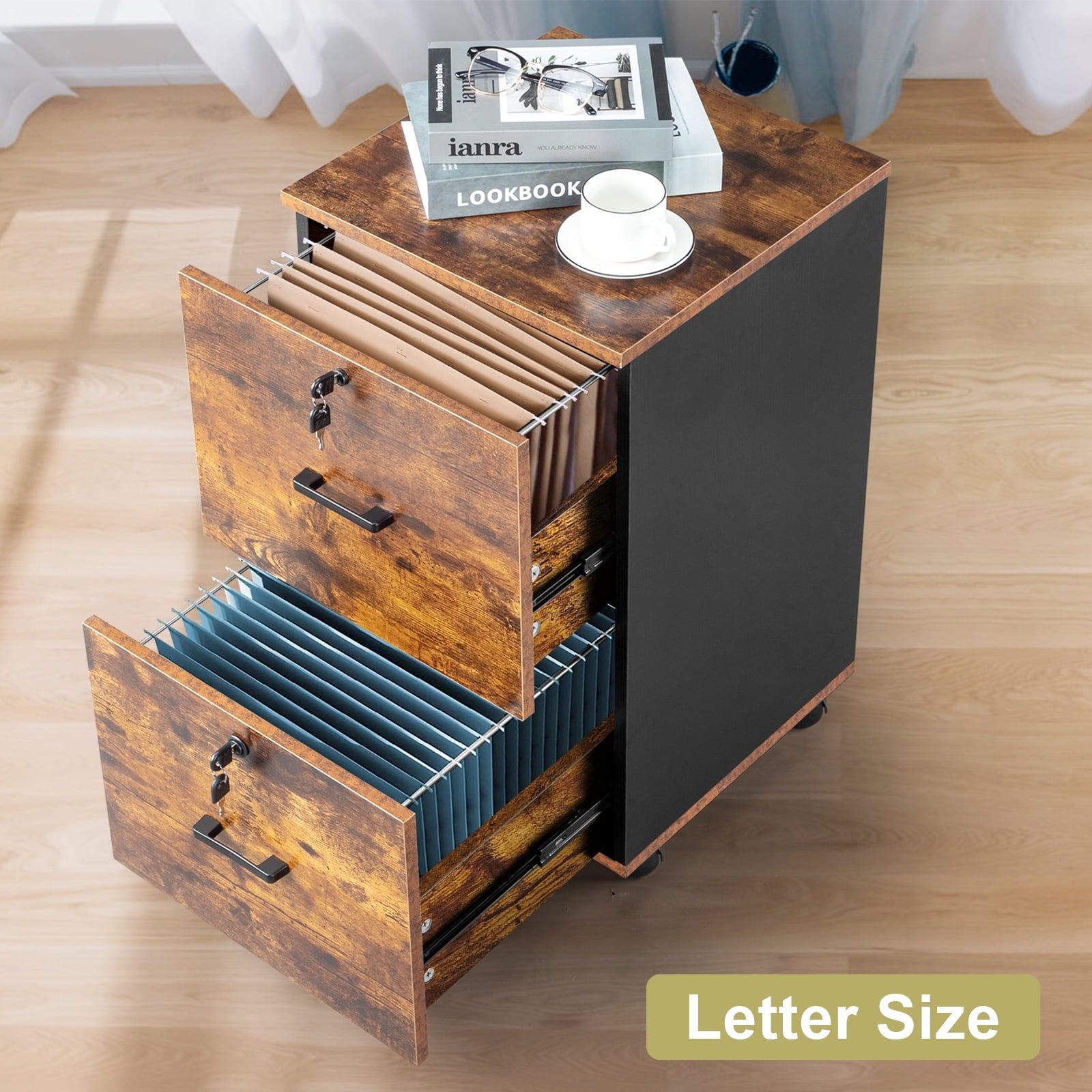 2-Drawer File Cabinet, Mobile Under Desk Storage Cabinet with Lockable Casters, Full Extension Drawer Slides, P2 Wood Office Filing Cabinet for Home Office Kitchen