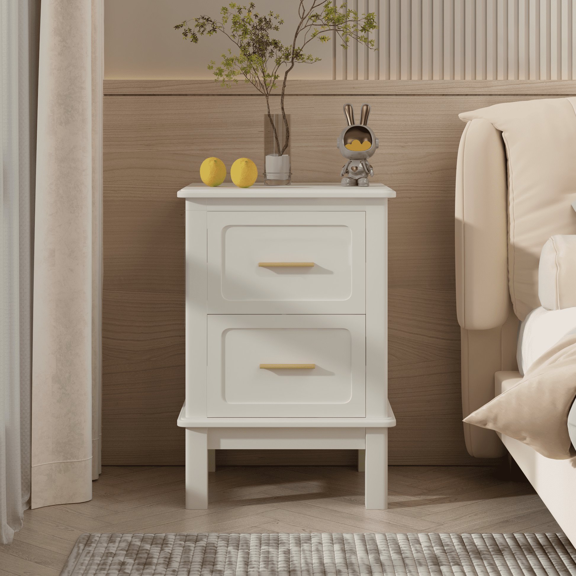 2-Drawer Nightstand, Off White MDF Bedside Table with Gold Handles, Compact Accent Storage Cabinet, Sturdy End Table for Bedroom Small Space Living Room Kids Guest Room