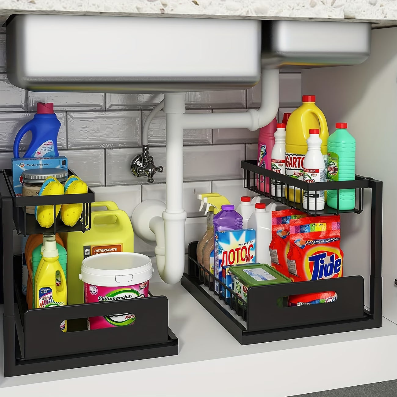 2 Pack 2-Tier Pull Out Under Sink Organizer, Metal Sliding Cabinet Storage Rack, Slide Out Drawer Shelf for Kitchen and Bathroom Cabinet
