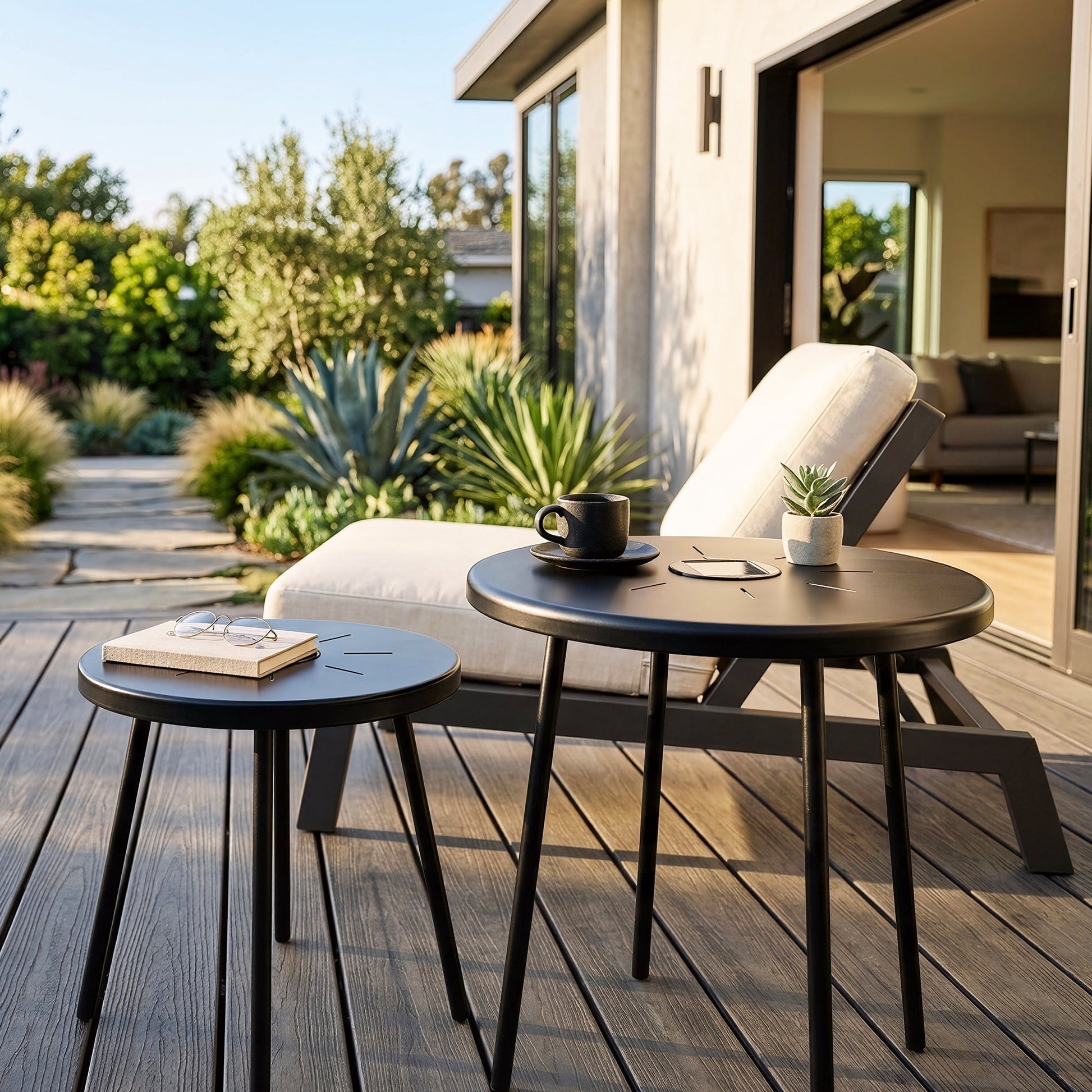 2-Pack Solar Powered Side Table with LED Light, Nesting Round End Table, Weatherproof Iron Accent Table for Indoor Outdoor Patio Garden Bedroom