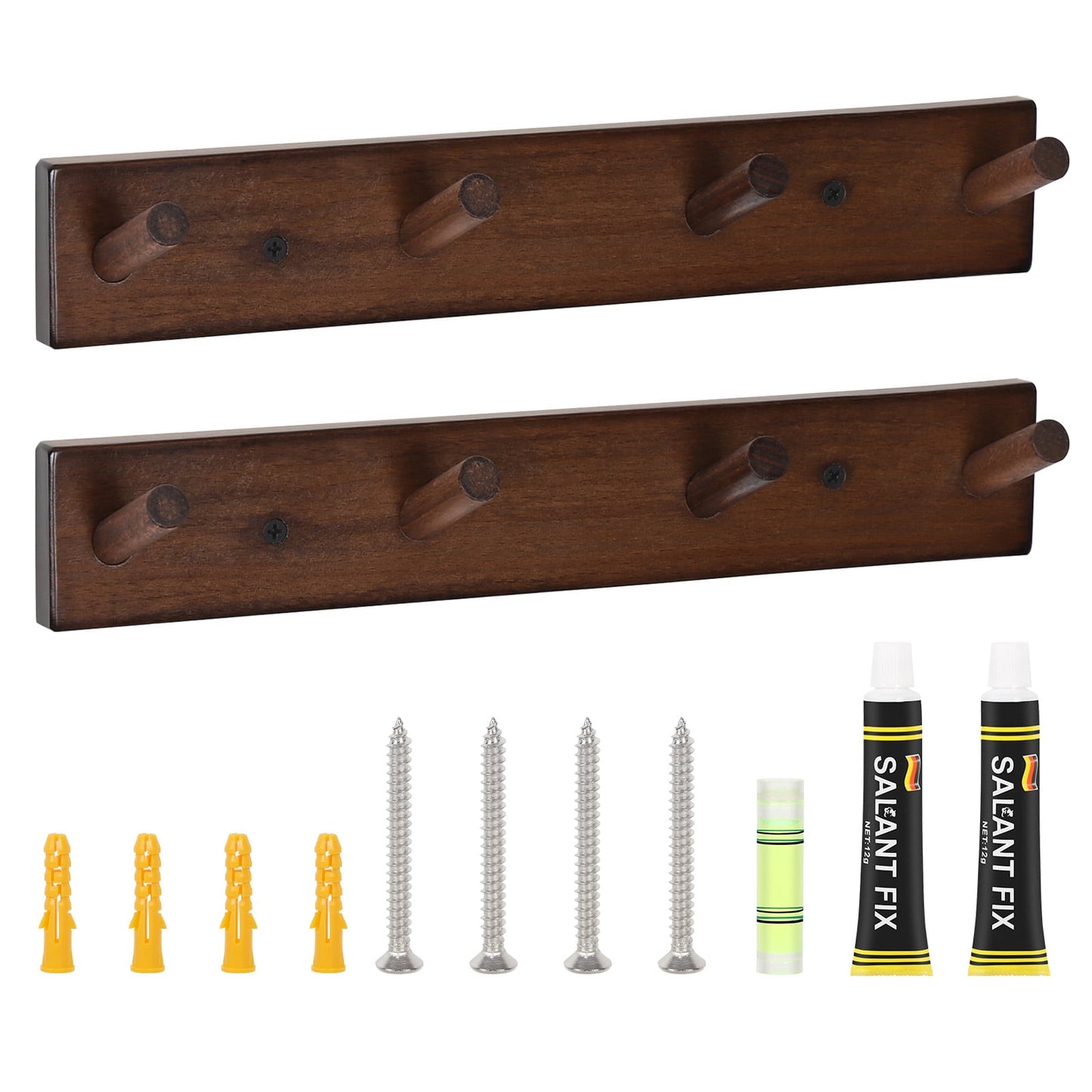 2 Pack Wall Mounted Wood Coat and Hat Rack, 4 Hooks, Dark Brown