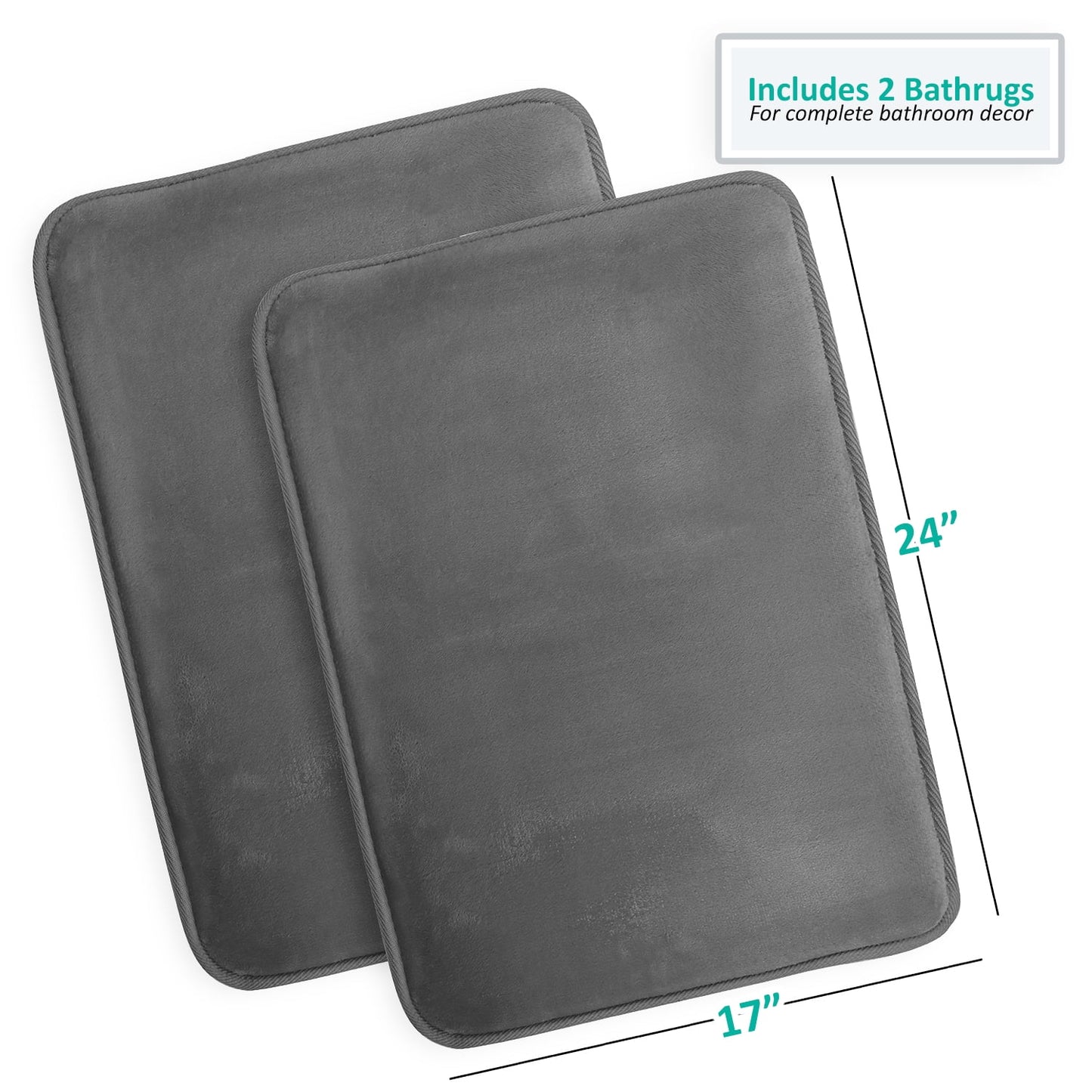 2 Piece Premium Memory Foam Bathroom Mat Set - Absorbent Luxury Plush Non Slip Carpet for Tub Shower & Bath Room, Soft Floor Mats, Machine Washable - Set of 2 17x24 Inch Bath Rugs, Gray