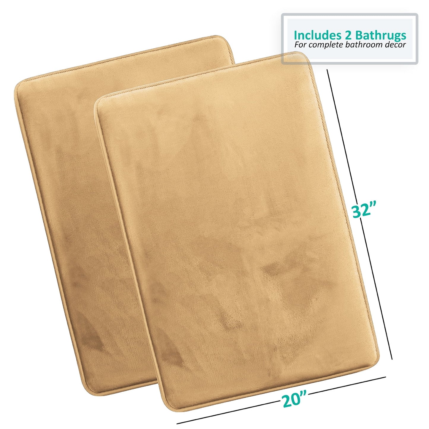 2 Piece Premium Memory Foam Bathroom Mat Set - Absorbent Luxury Plush Non Slip Carpet for Tub Shower & Bath Room, Soft Floor Mats, Machine Washable - Set of 2 20x32 inch Bath Rugs, Camel Gold