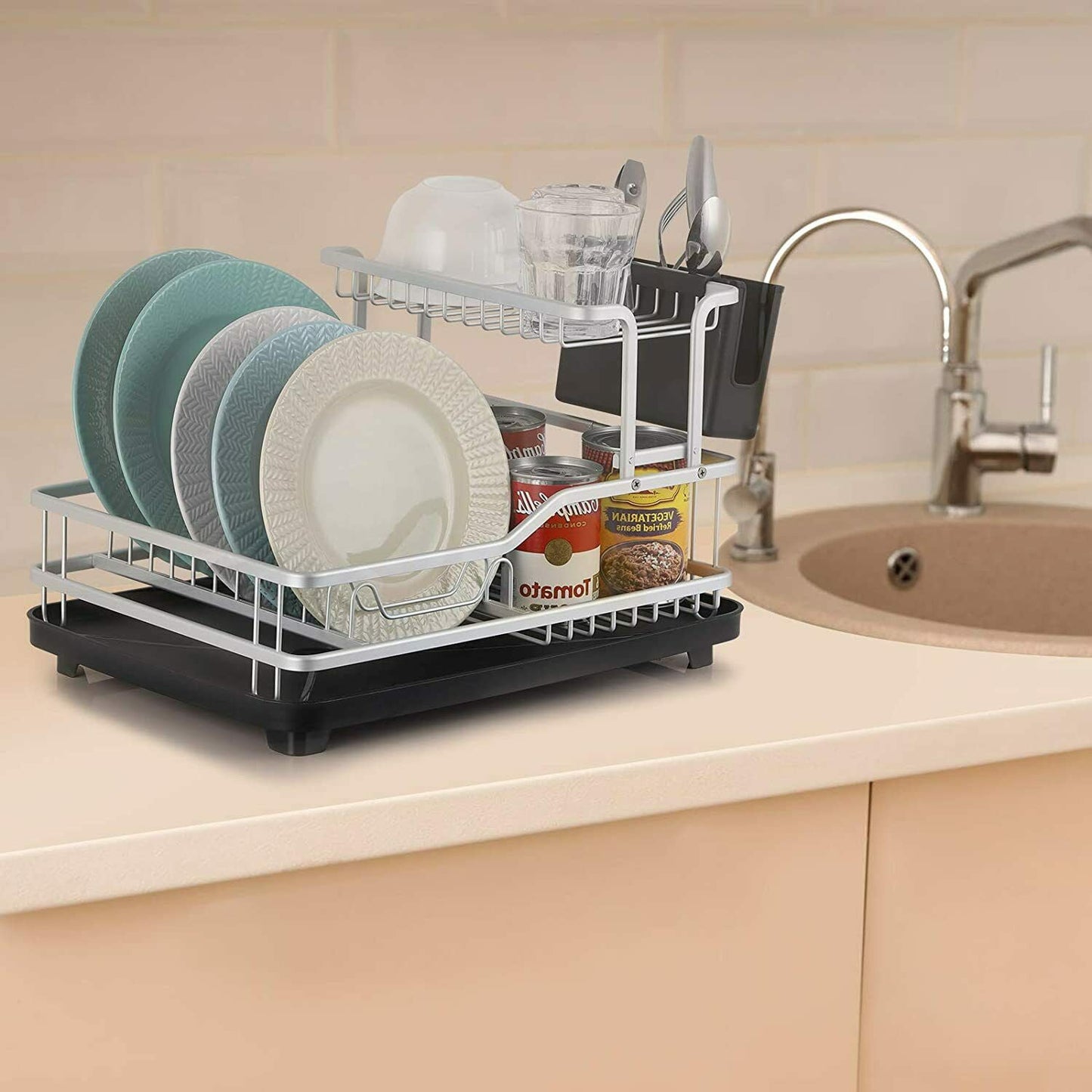 2-Tier Aluminum Dish Drying Rack w/ Drain Board Dish Cutlery Holder Set Kitchen