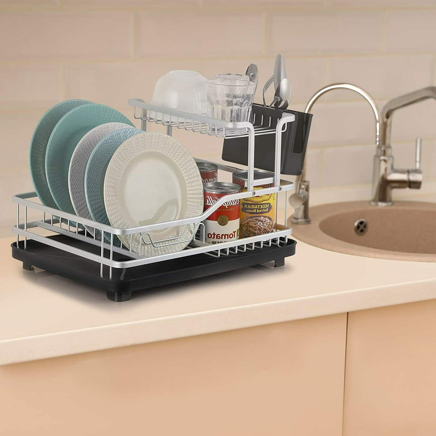 2-Tier Aluminum Dish Drying Rack w/ Drain Board Dish Cutlery Holder Set Kitchen