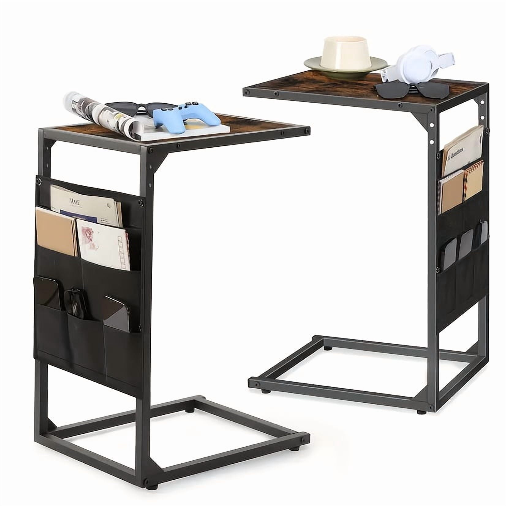 2-Tier C-Shaped Side Table with 7 Storage Pockets Black