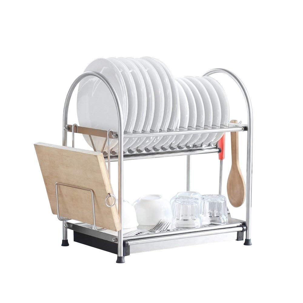 2-Tier Dish Rack With Draining Pan, Adjustable Length, Cutting Board Holder - Stainless Steel