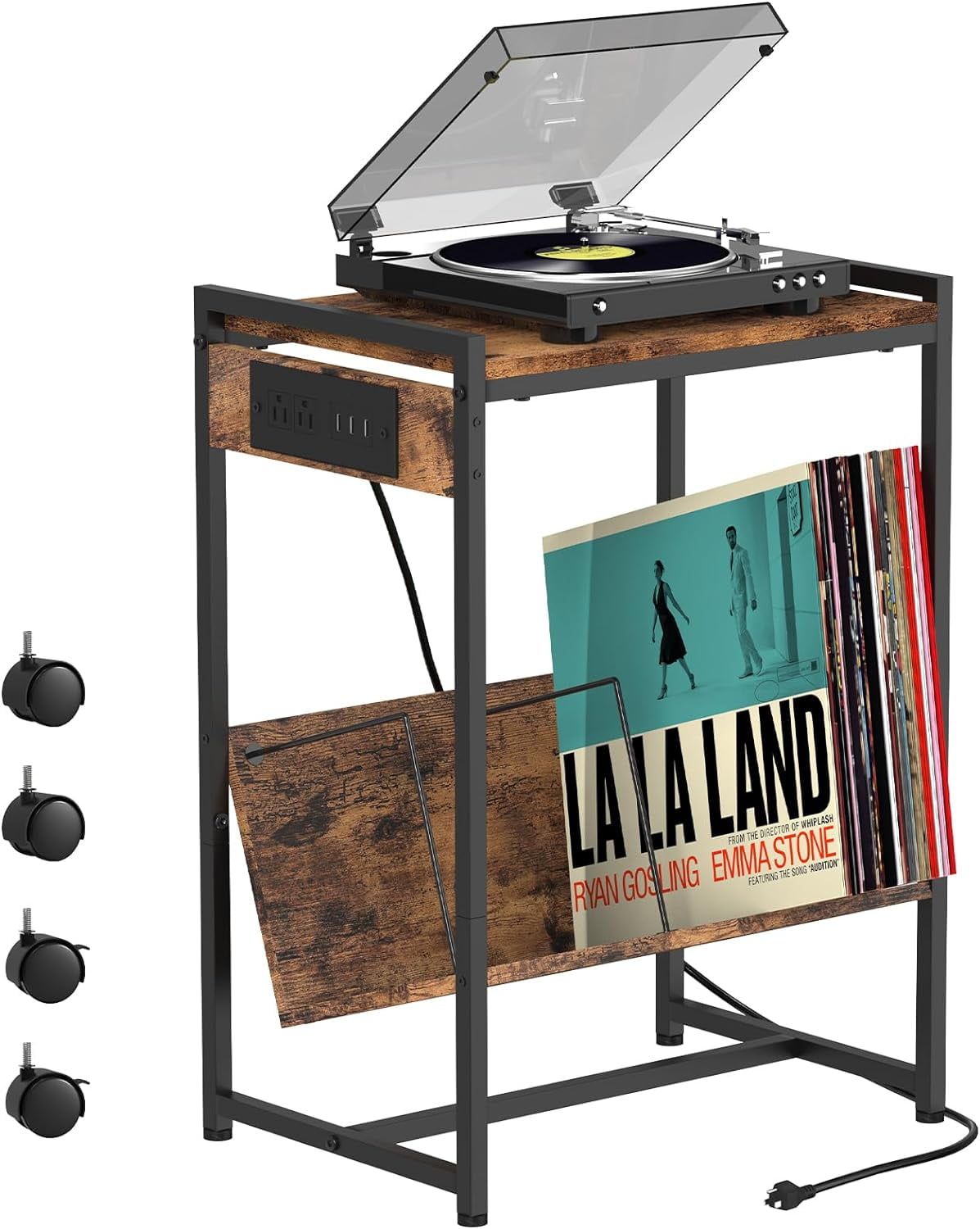 2-Tier End Table Record Player Stand with Charging Station and Vinyl Storage Shelf, Brown