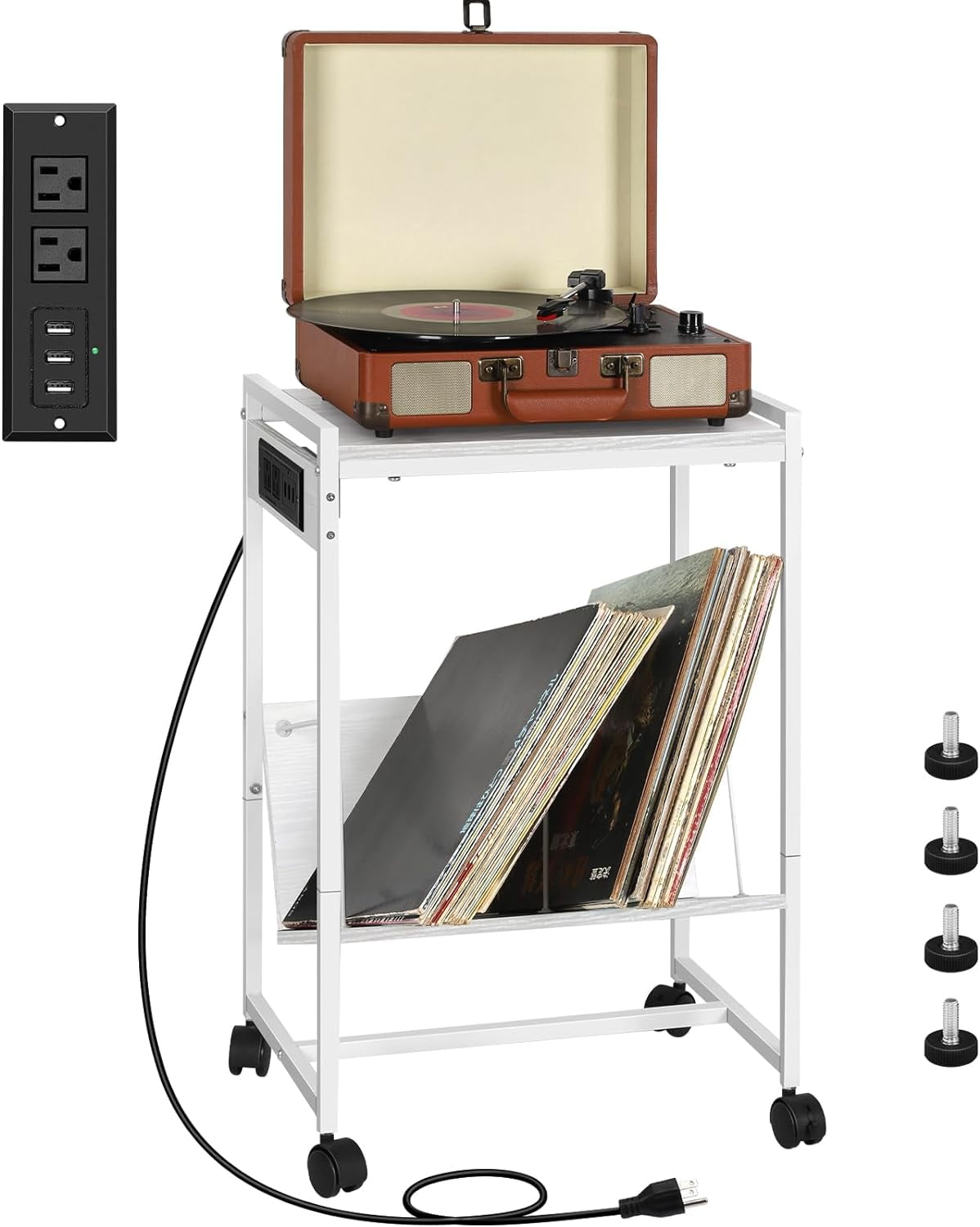 2-Tier End Table Record Player Stand with Charging Station and Vinyl Storage Shelf, White