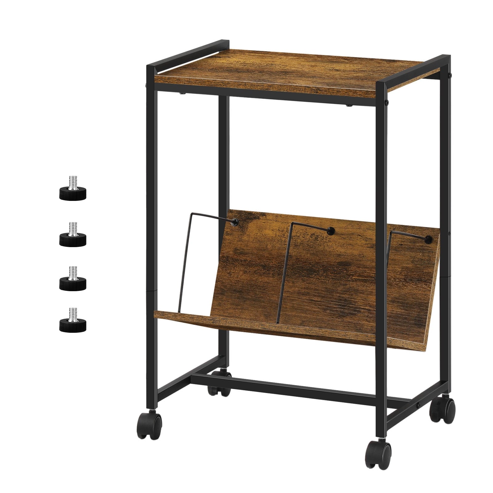2-Tier End Table Record Player Stand with Wheels and Vinyl Storage Shelf, Brown