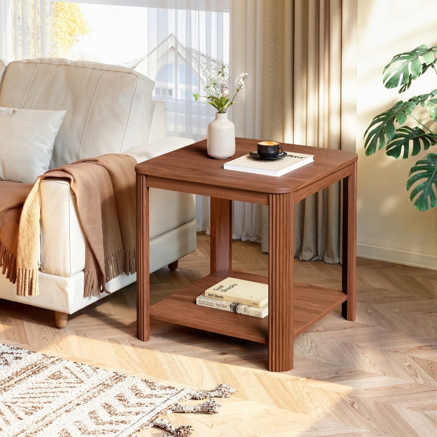 2-Tier Square End Table with Rounded Corners, Vertical Wave Grain Legs Boho Side Table, 22.1 Inch Nightstand for Living Room Bedroom Small Spaces