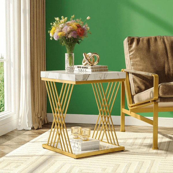 2-Tier Square Side Table with Faux Marble Top, X-Shaped Metal Frame, Compact Dual-Shelf Design for Living Room/Bedroom/Small Spaces
