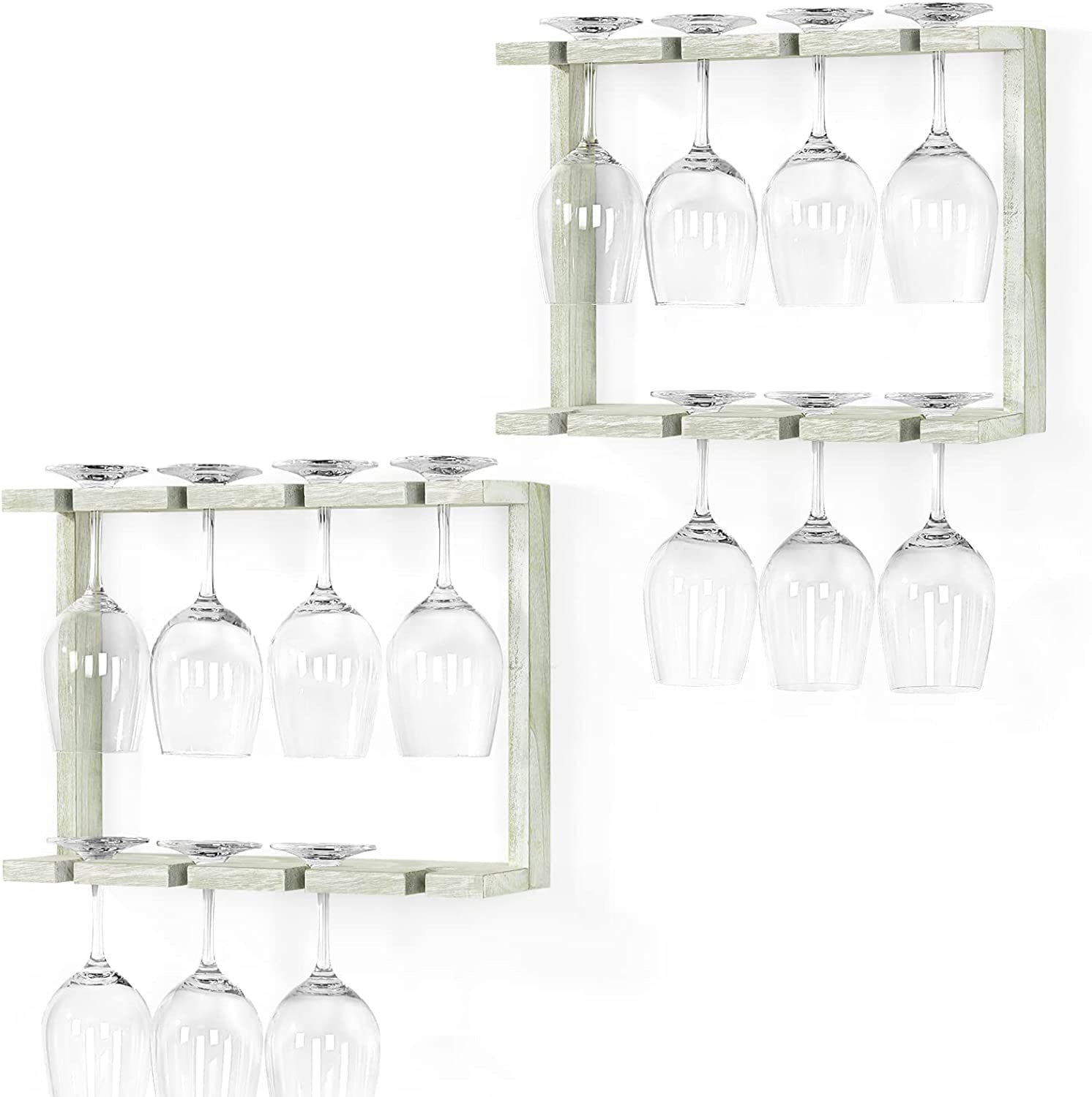 2 Tier Wall Mounted Wood Wine Glass Holder Rack, Set of 2, Gray Green