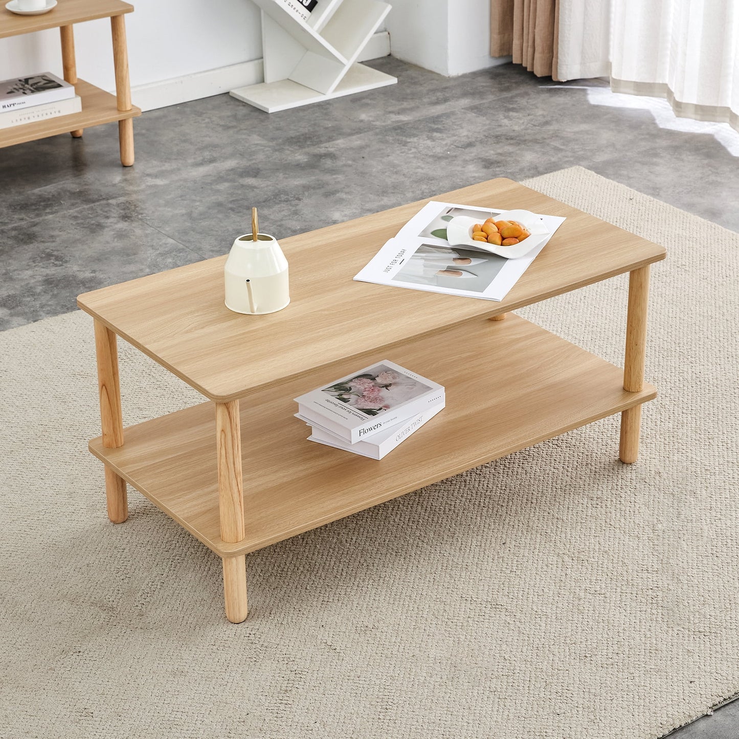 2-Tier Wood Coffee Table,Modern Sofa Side Table with Open Storage Shelf for Living Room,Burly Wood