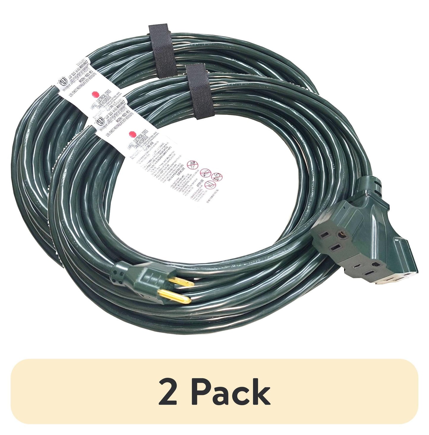 (2 pack) Hyper Tough 16AWGX3C 50 ft Tri-Tap Indoor and Outdoor Light Duty Extension Cord, Green