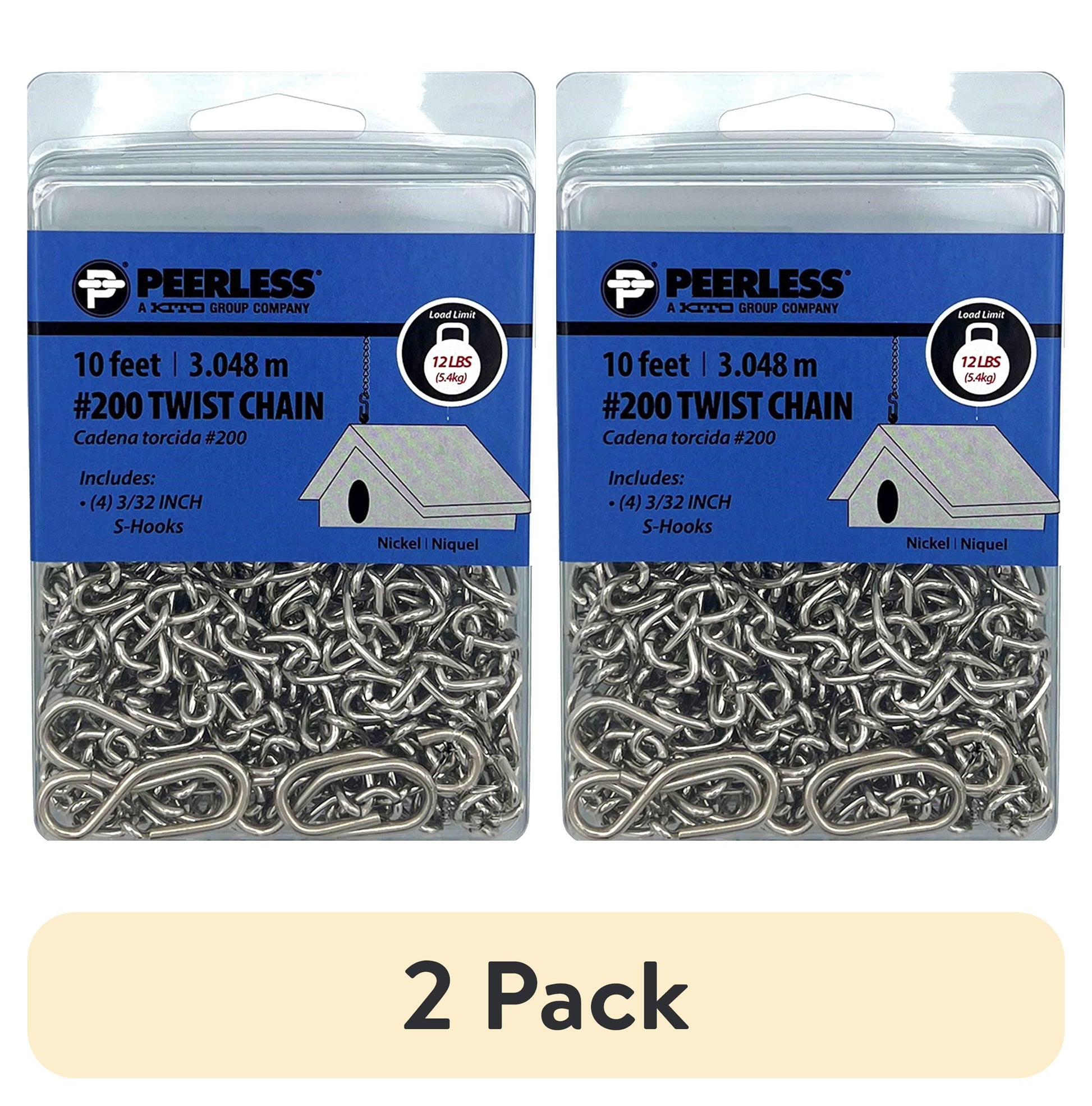 #200 Twist Chain with 4 S-Hooks, 10 feet, Peerless Chain Company #4840510, Nickel finish