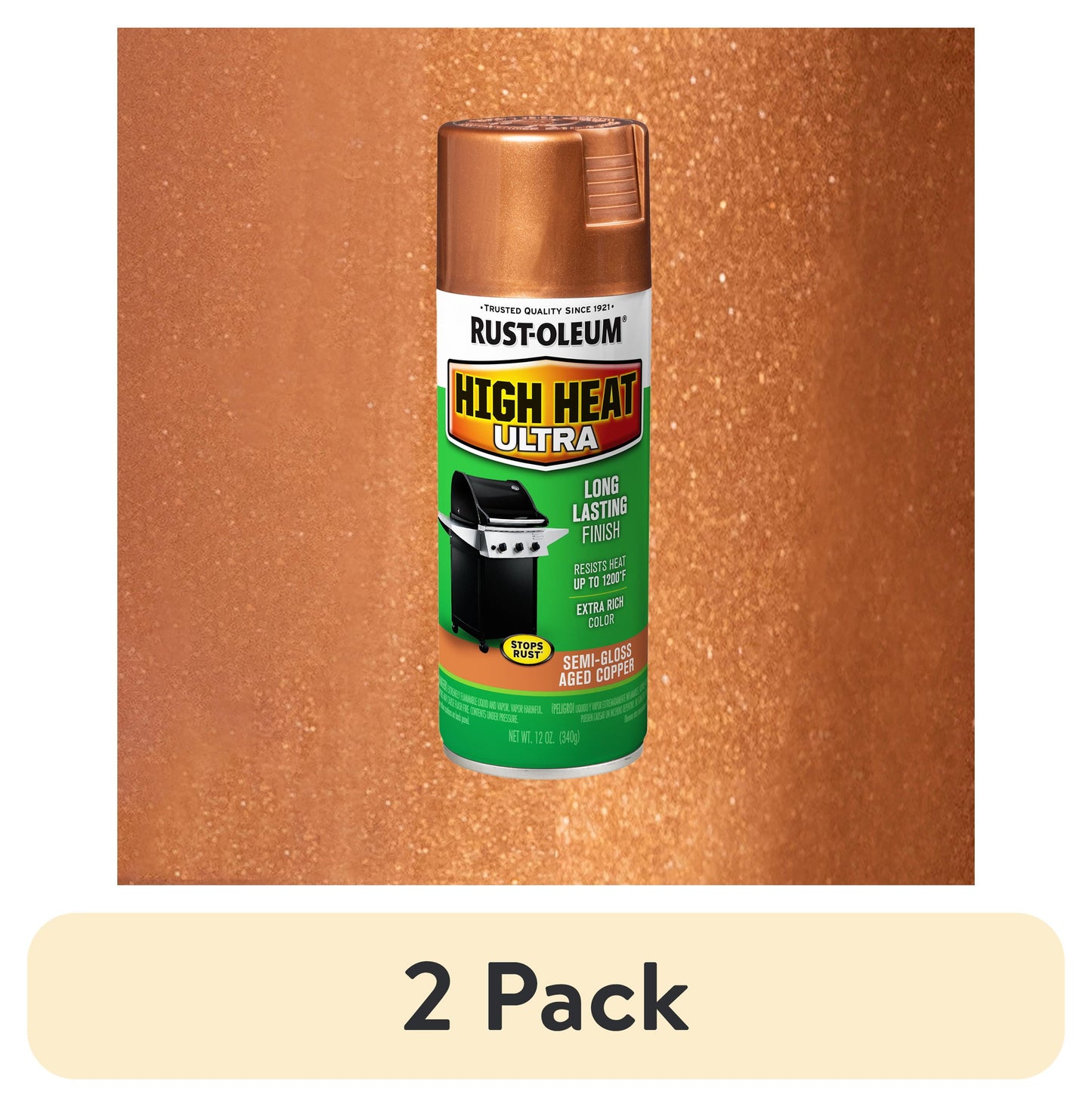 (2 pack) Aged Copper, Rust-Oleum Ultra High Heat Semi-Gloss Spray Paint-241232, 12 oz