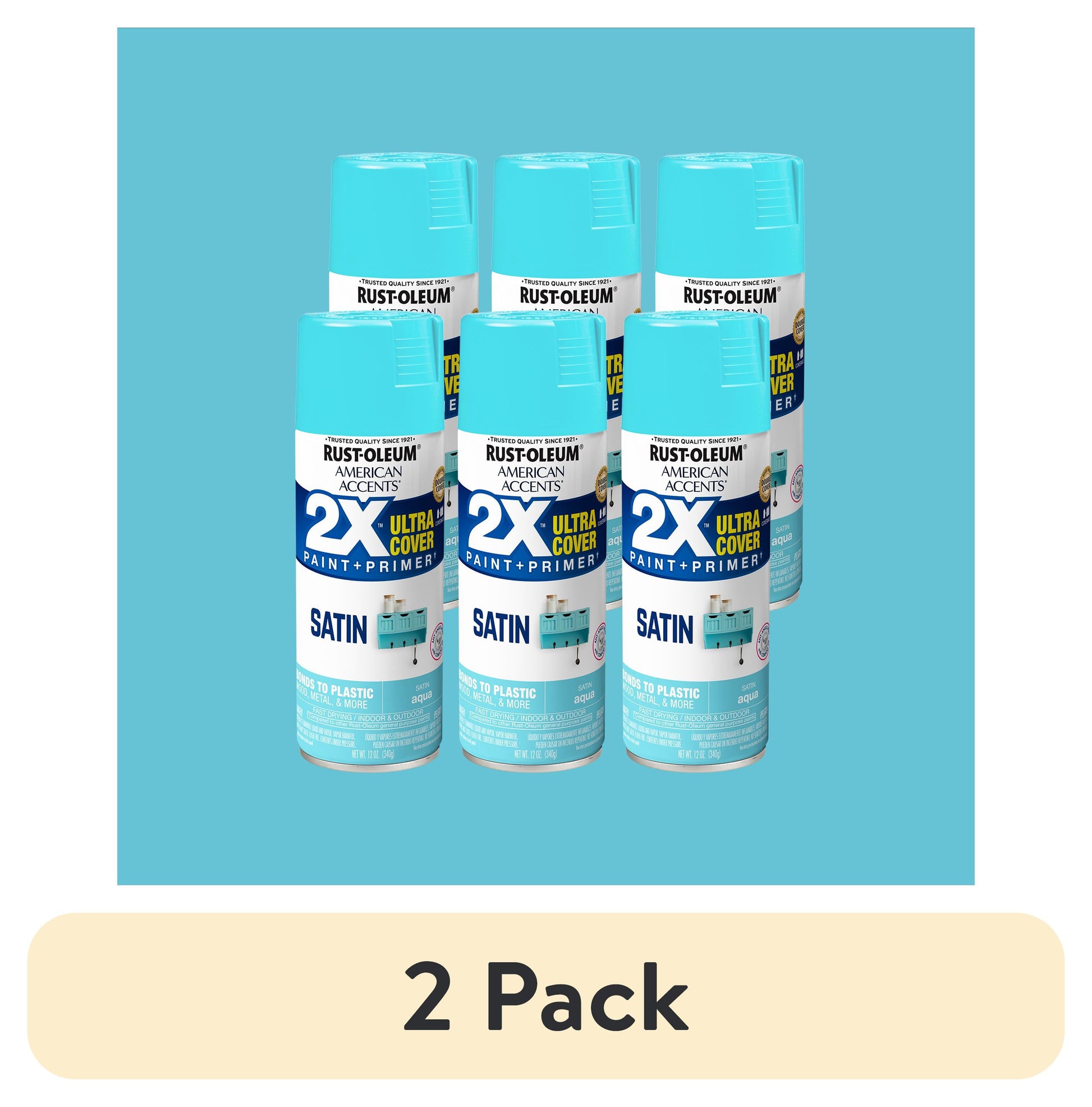 (2 pack) 6 Pack, Aqua Rust-Oleum American Accents 2X Ultra Cover Satin Spray Paint-327915, 12 oz