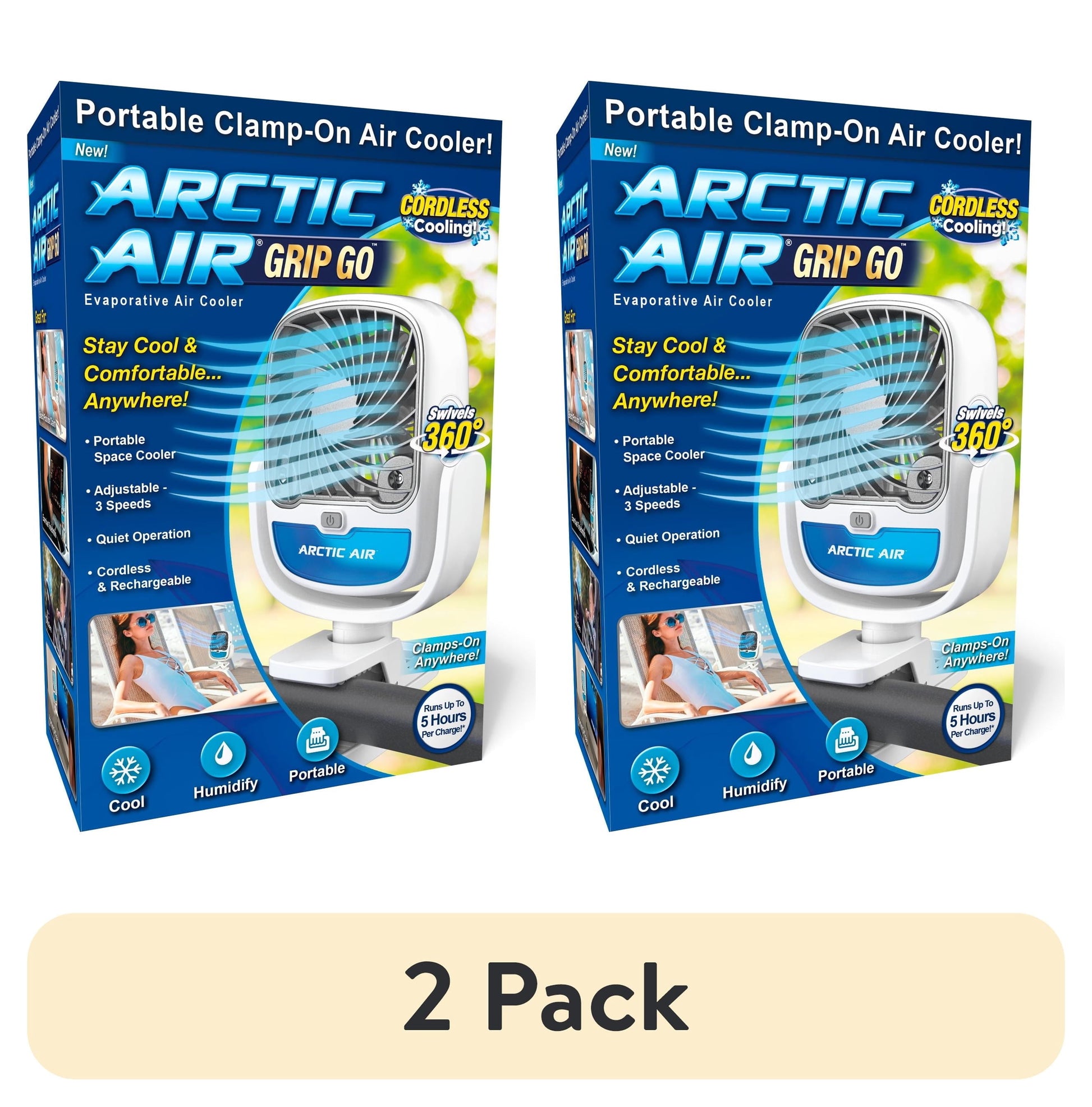 (2 pack) Arctic Air Grip Go Portable Evaporative Air Cooler, Rechargeable Cooling Fan, Clamp-on Space Cooler