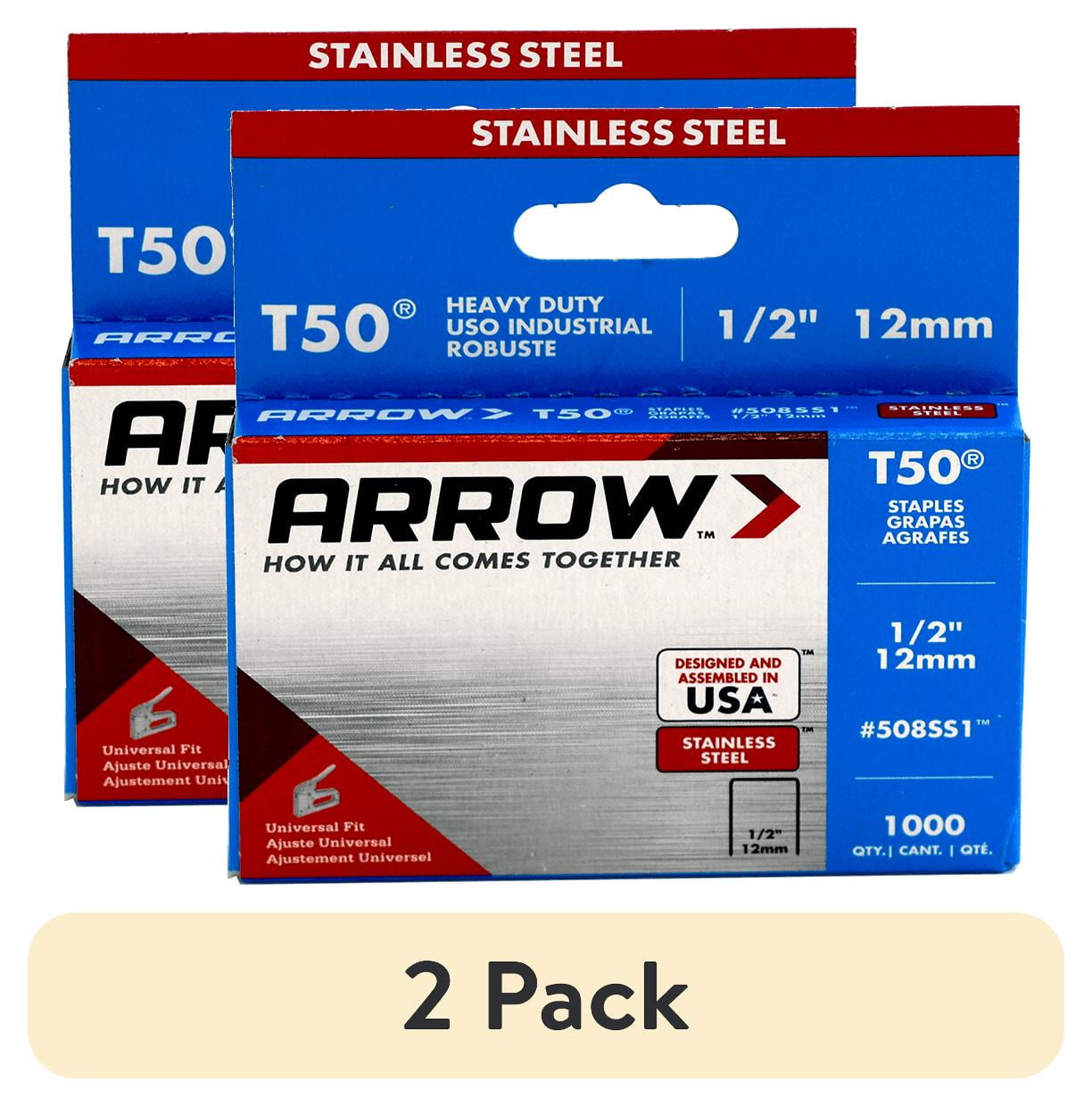 (2 pack) Arrow T50 Stainless Steel 1/2" Staples - 1000 Count, Heavy Duty, Home Improvement, Upholstery, New
