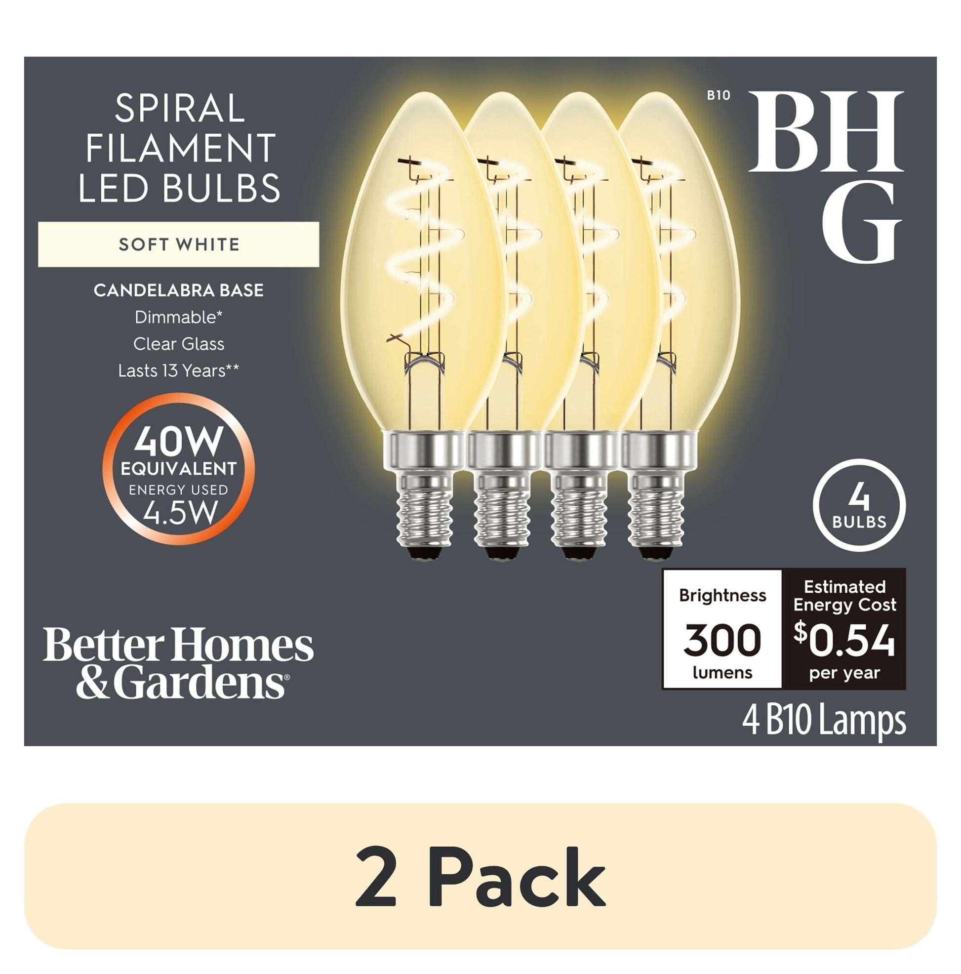 (2 pack) BH&G LED Light Bulb, 4.5 Watts (40W Equiv.) B10 Candle Bulb Dimmable E26 Medium Base, Soft White 4 Pack