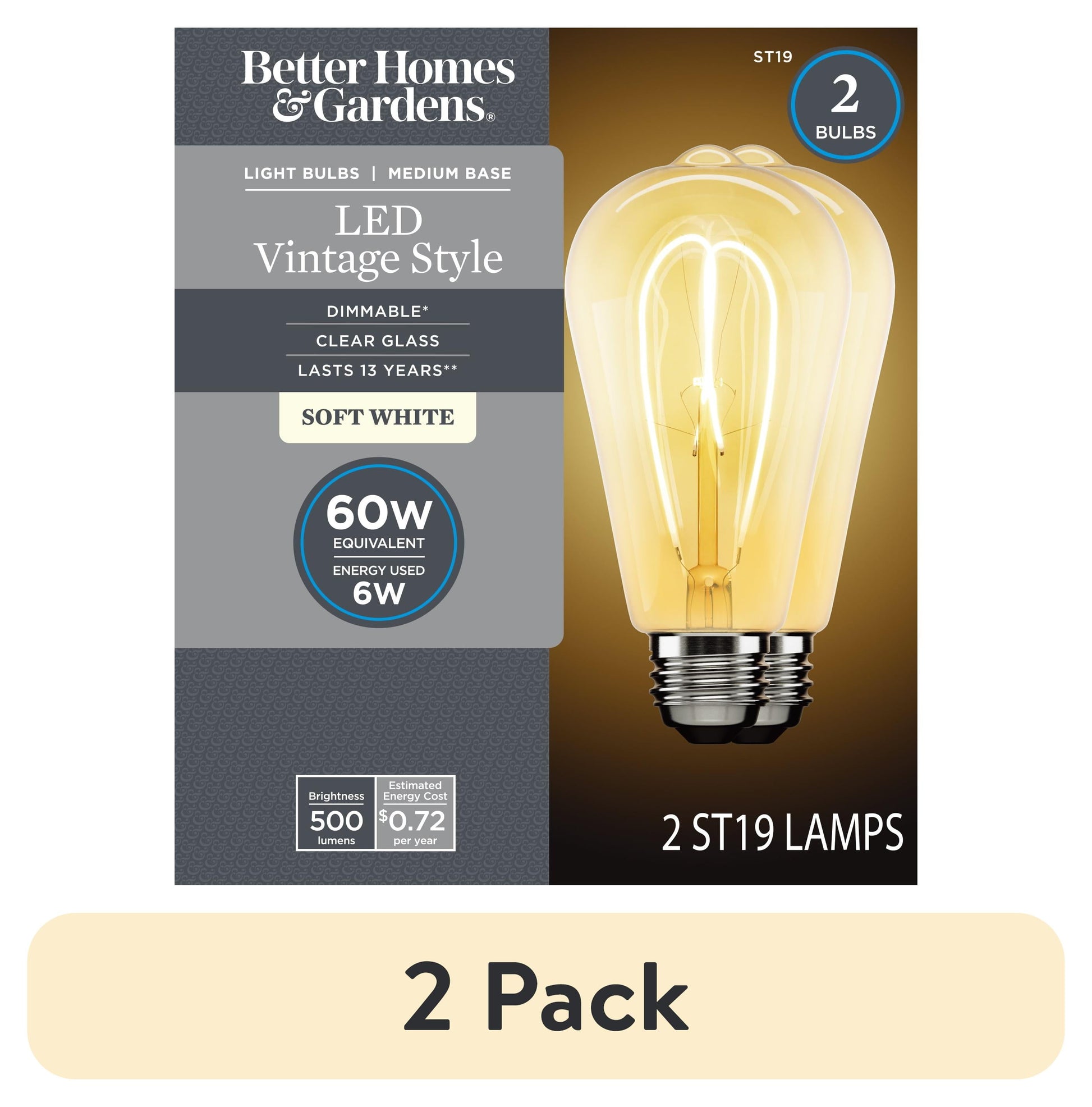 (2 pack) BH&G ST19 LED Vintage Bulb, 6-Watt (60W Equivalent) Soft White, Dimmable E26 Base, 2PK