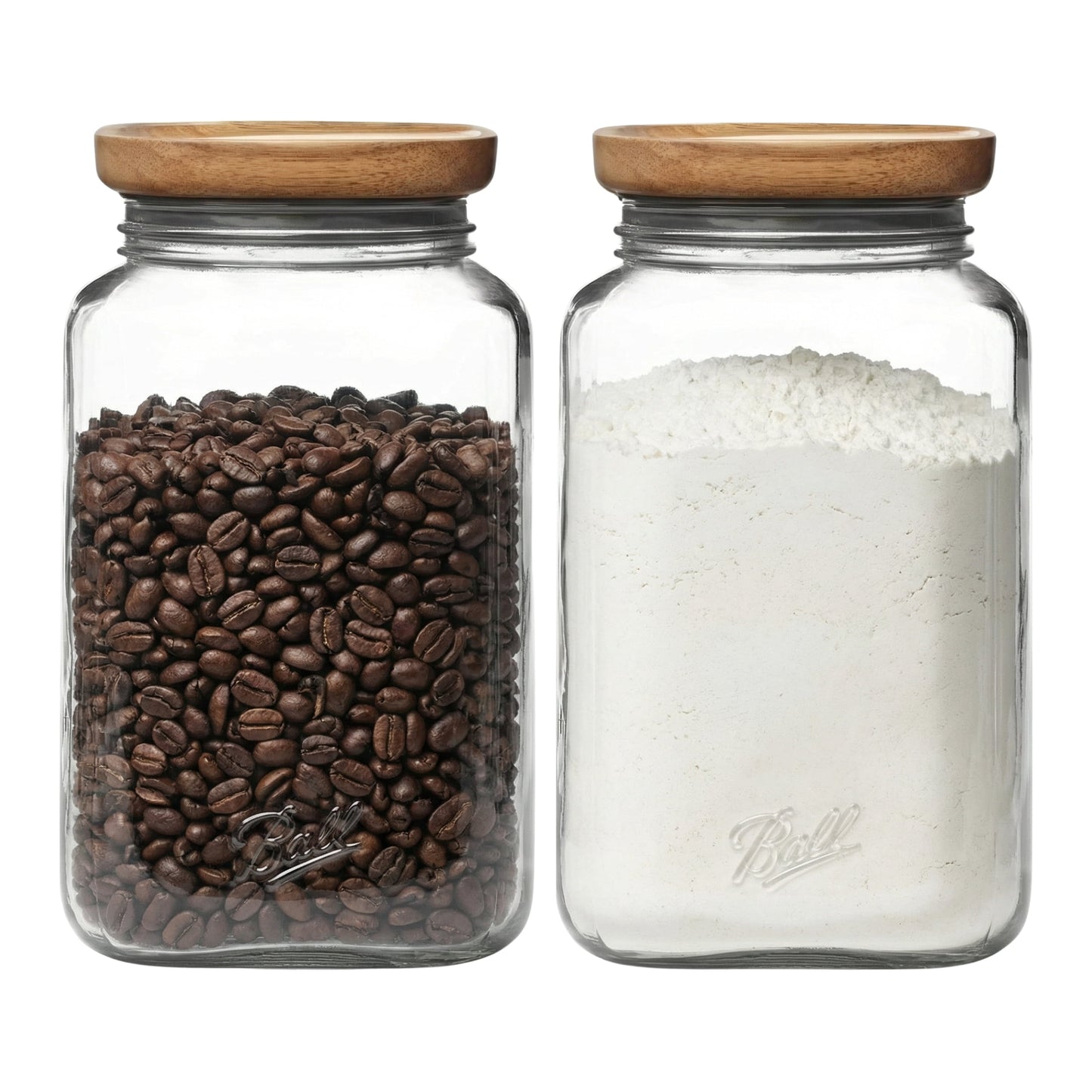 (2 pack) Ball 15.6 Cup Stack & Store Glass Jar with Acacia Wood Lid â€“ Airtight Wide Mouth Glass Storage Container for Pantry, Kitchen, and Countertop Organization
