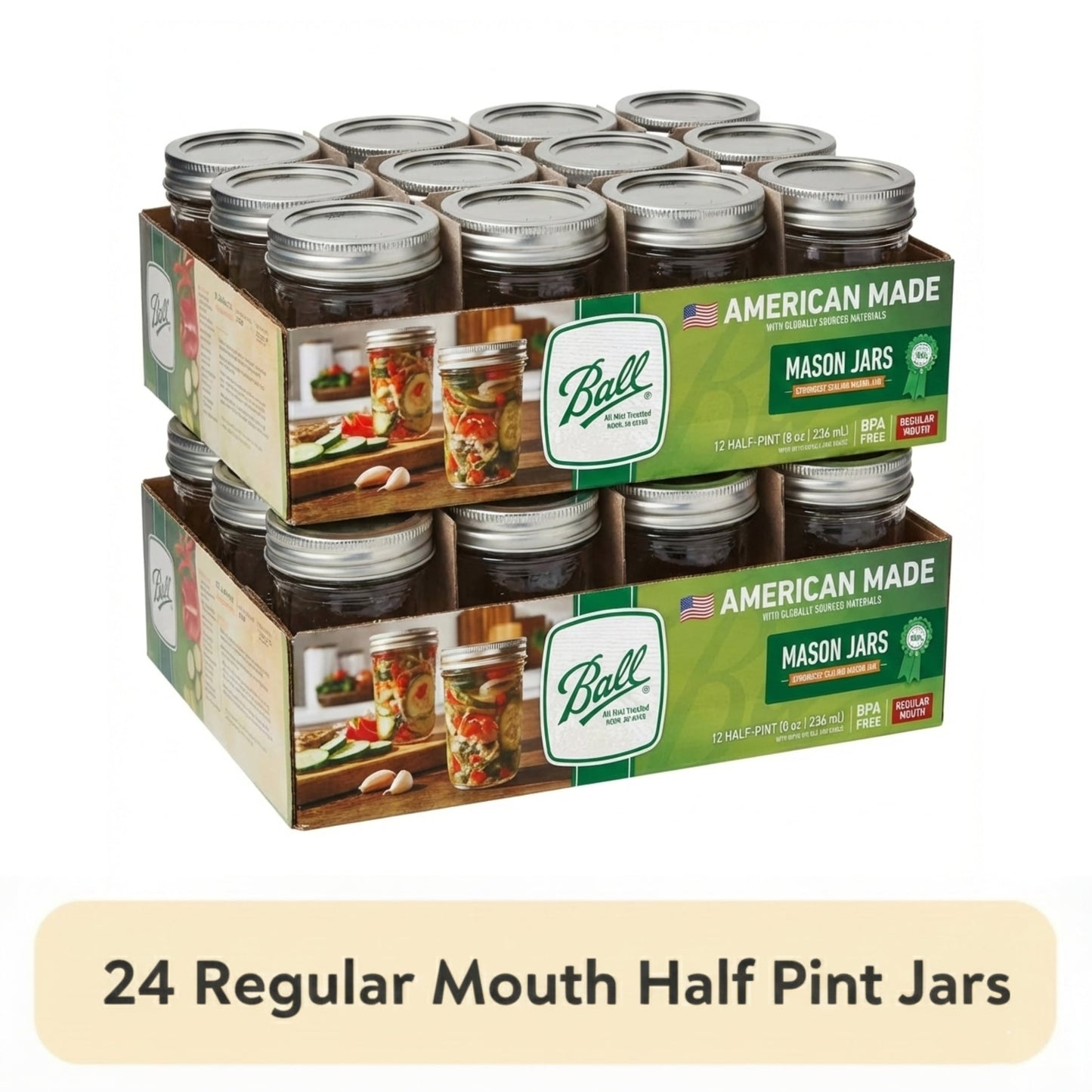(2 pack) Ball Glass Mason Jar w/ Lid & Band, Regular Mouth, 8 Ounces, 12 Count
