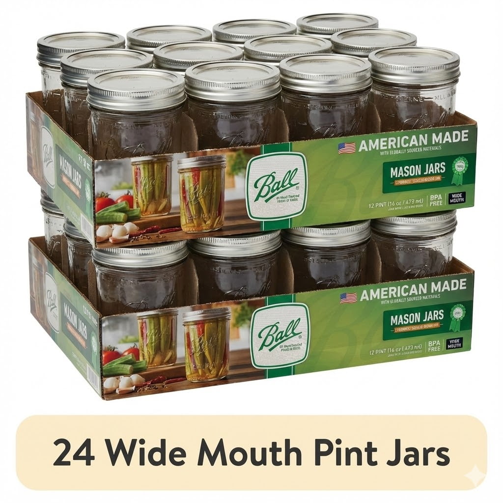 Ball 16 oz Mason Jars, Wide Mouth Pint Canning Jars with Lids and Rings, 12-Pack Glass Jars for Home Canning and Preserving