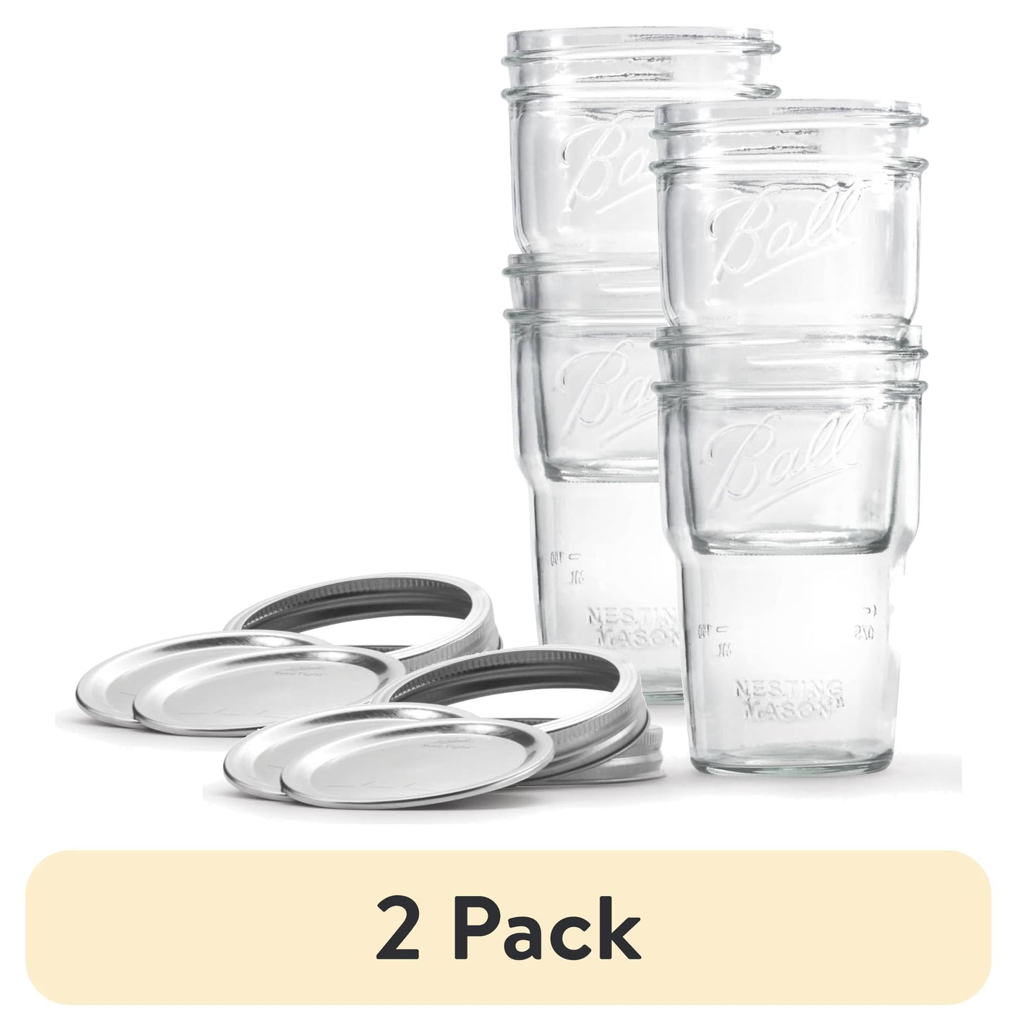 (2 pack) Ball Nesting Mason Jar Set with Lids & Bands for Canning or Drinkware, Wide Mouth, Pint, 4-Pack