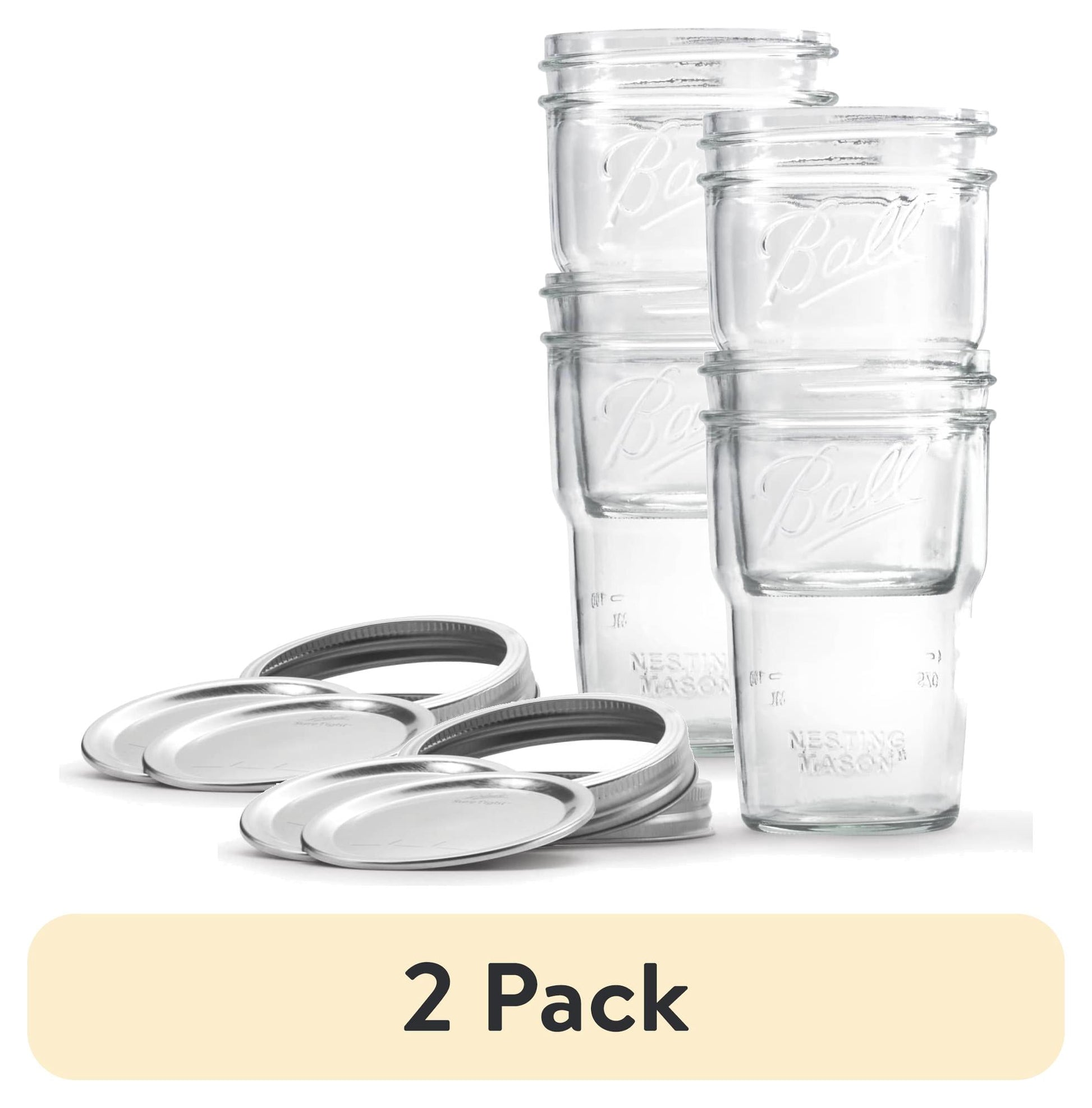 (2 pack) Ball Nesting Mason Jar Set with Lids & Bands for Canning or Drinkware, Wide Mouth, Pint, 4-Pack