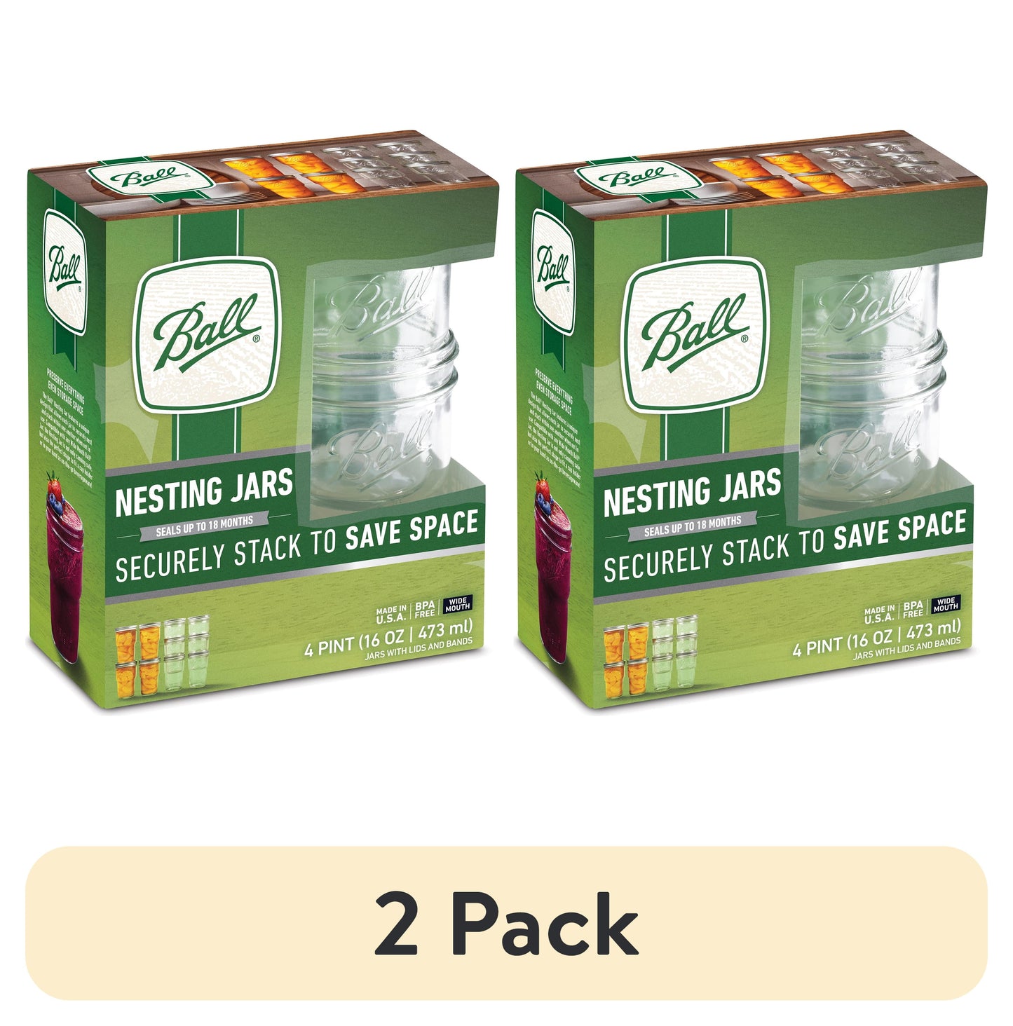 Ball 16 oz Mason Jars Anidado Paquete de 4, Boca Ancha Pinta Enlatada Jars con Tapas y Anillos, Vidrio Apilable Jars para Enlatado y Bebidas en Casa