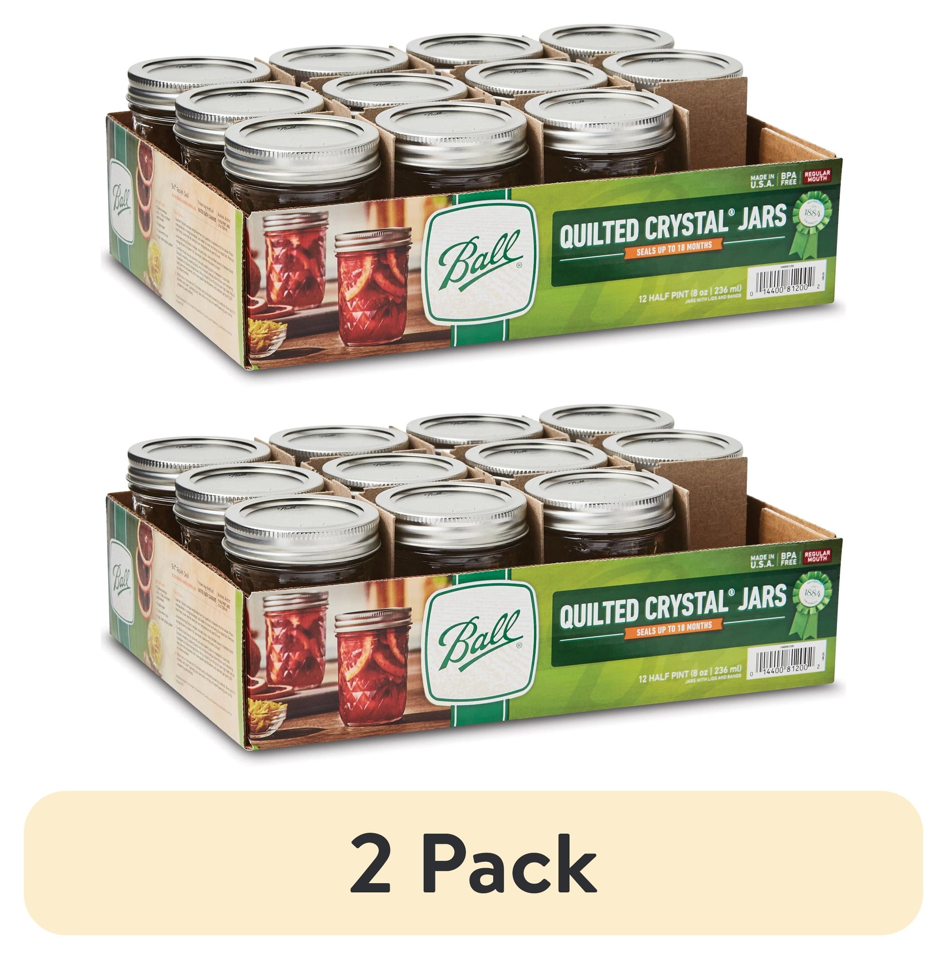 (2 pack) Ball Quilted Crystal Mason Jar w/ Lid & Band, Regular Mouth, 8 Ounces, 12 Count, 4 lb.