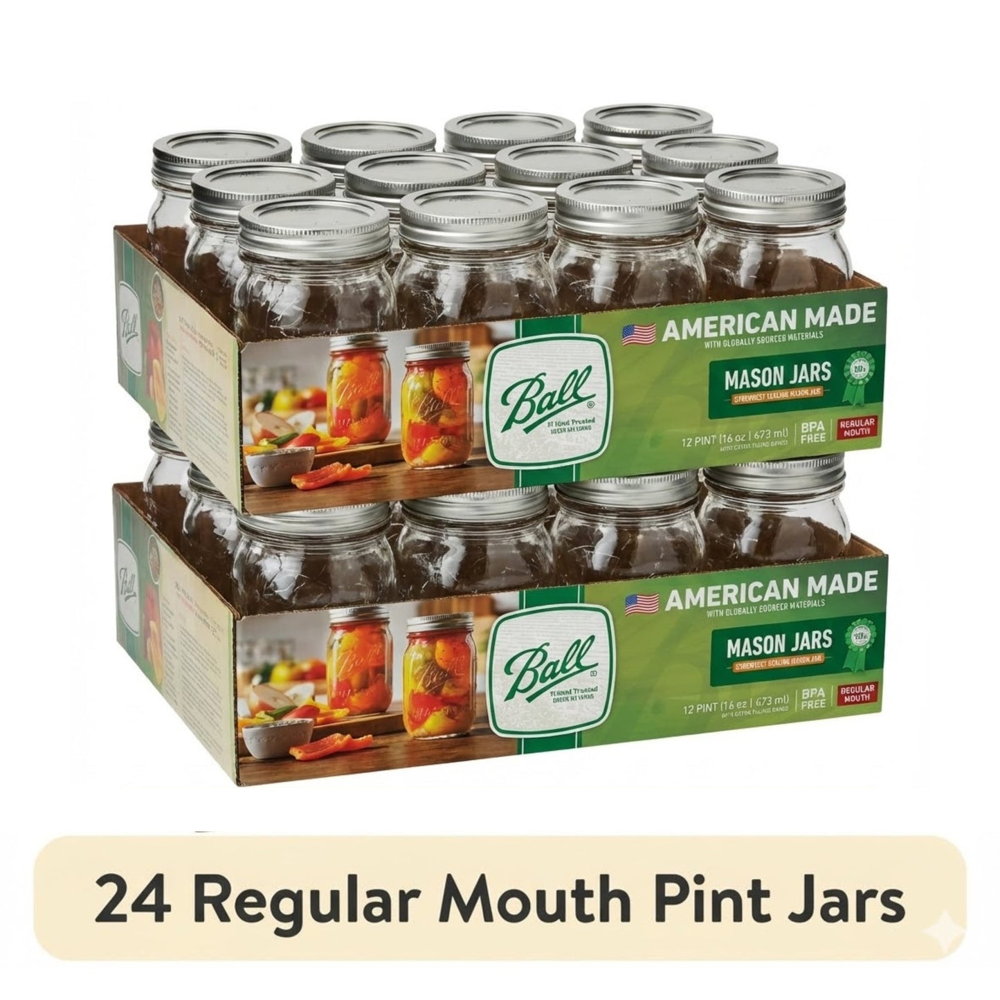 (2 pack) Ball 16 oz Mason Jars, Regular Mouth Pint Canning Jars with Lids and Rings, 12-Pack Glass Jars for Home Canning and Preserving