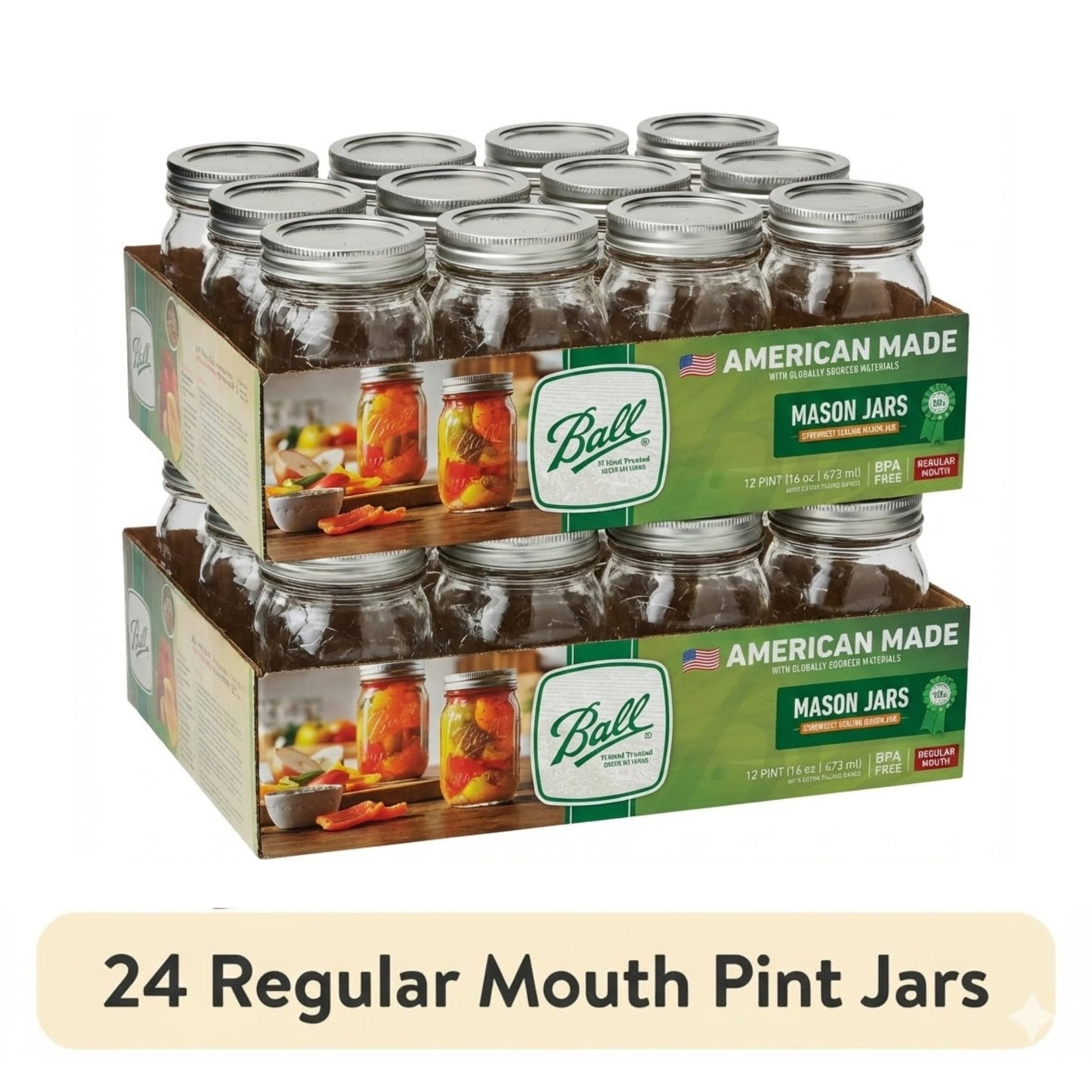 (2 pack) Ball 16 oz Mason Jars, Regular Mouth Pint Canning Jars with Lids and Rings, 12-Pack Glass Jars for Home Canning and Preserving