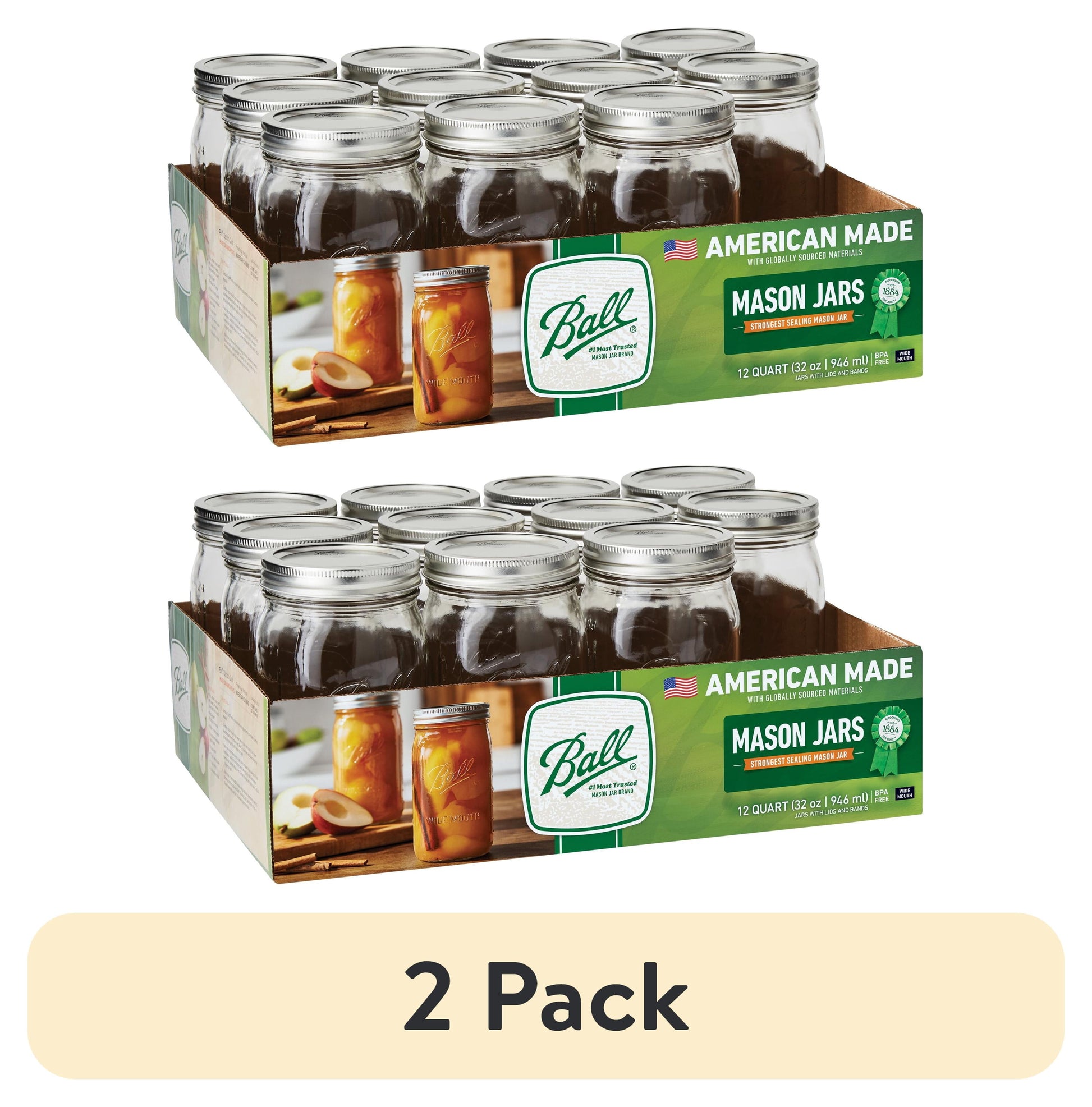 (2 pack) BallWide Mouth Quart 32oz. Glass Mason Jars with Lids and Bands, 12 Count