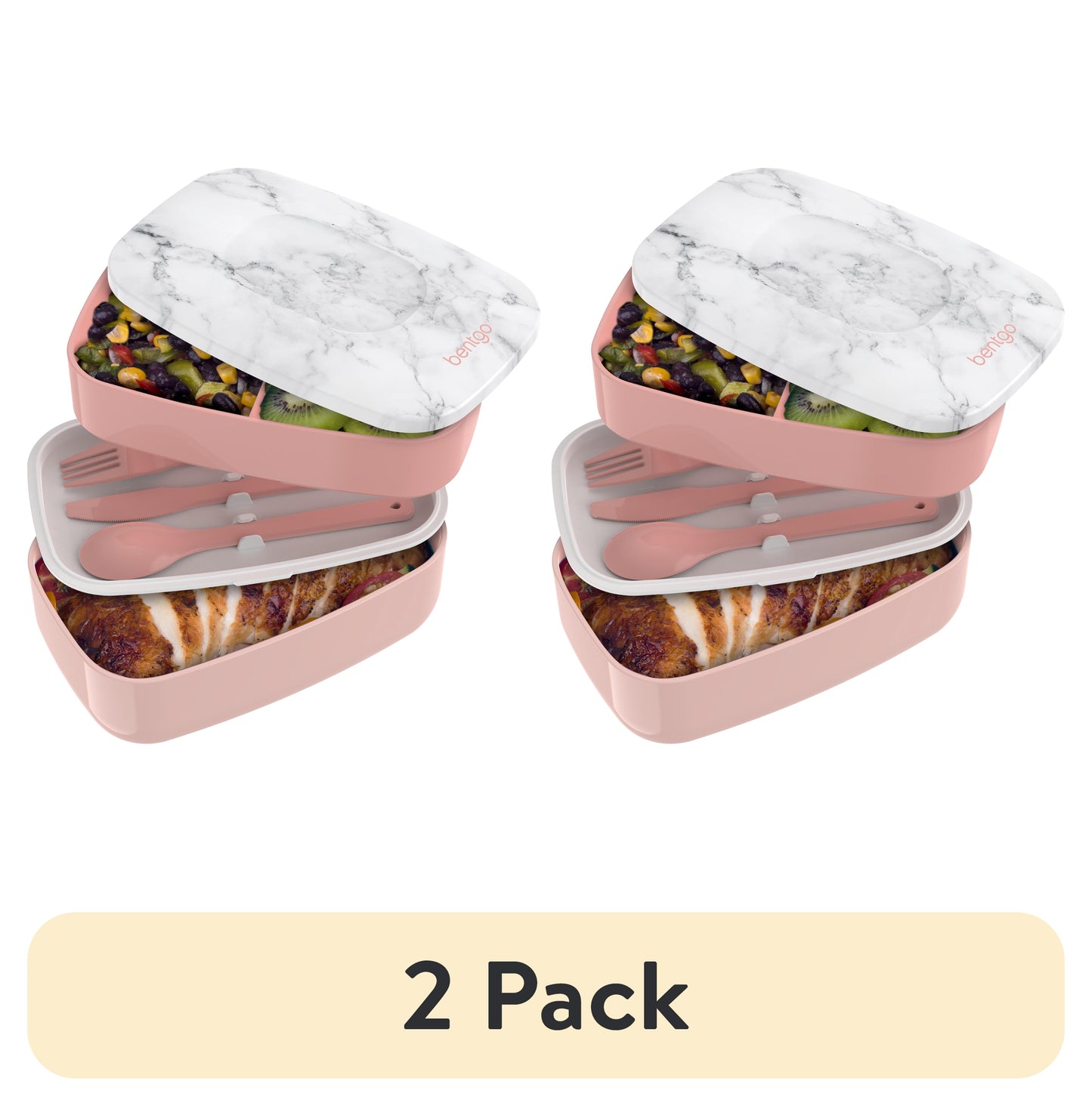 (2 pack) Bentgo Classic - Adult Bento Box, Stackable 3-Compartment Lunch Box with Removable Utensil Set and Sealing Strap, BPA-Free, Food Container Ideal for Meal Prep, Work, and On the Go (Blush Marble)