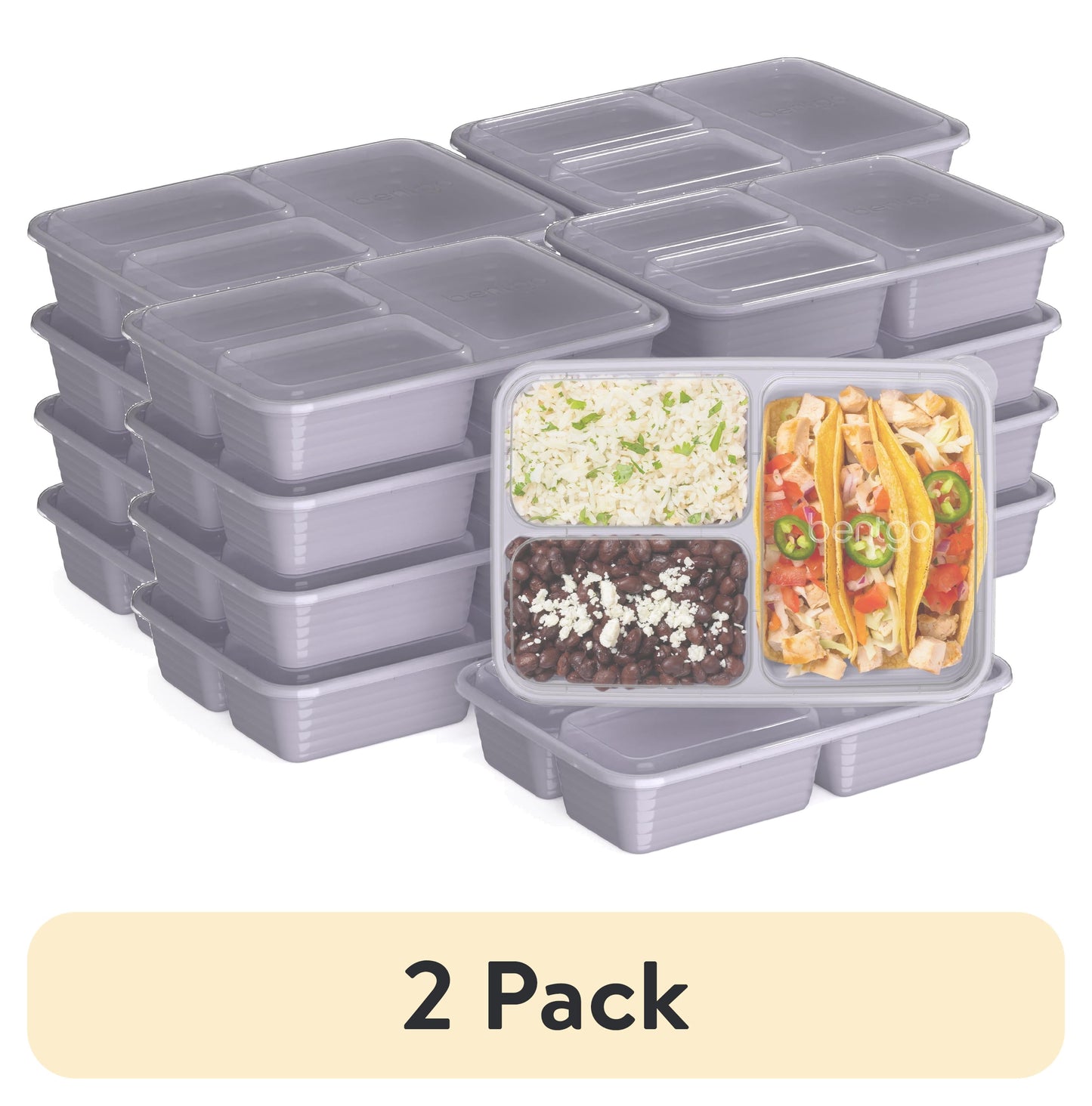 (2 pack) Bentgo Prep 3-Compartment Meal Prep Containers with Lids, PFAS & BPA Free Materials, Durable, Microwave, Freezer, & Dishwasher Safe To Go Food Storage (Lilac), (BGPRP3-LC)
